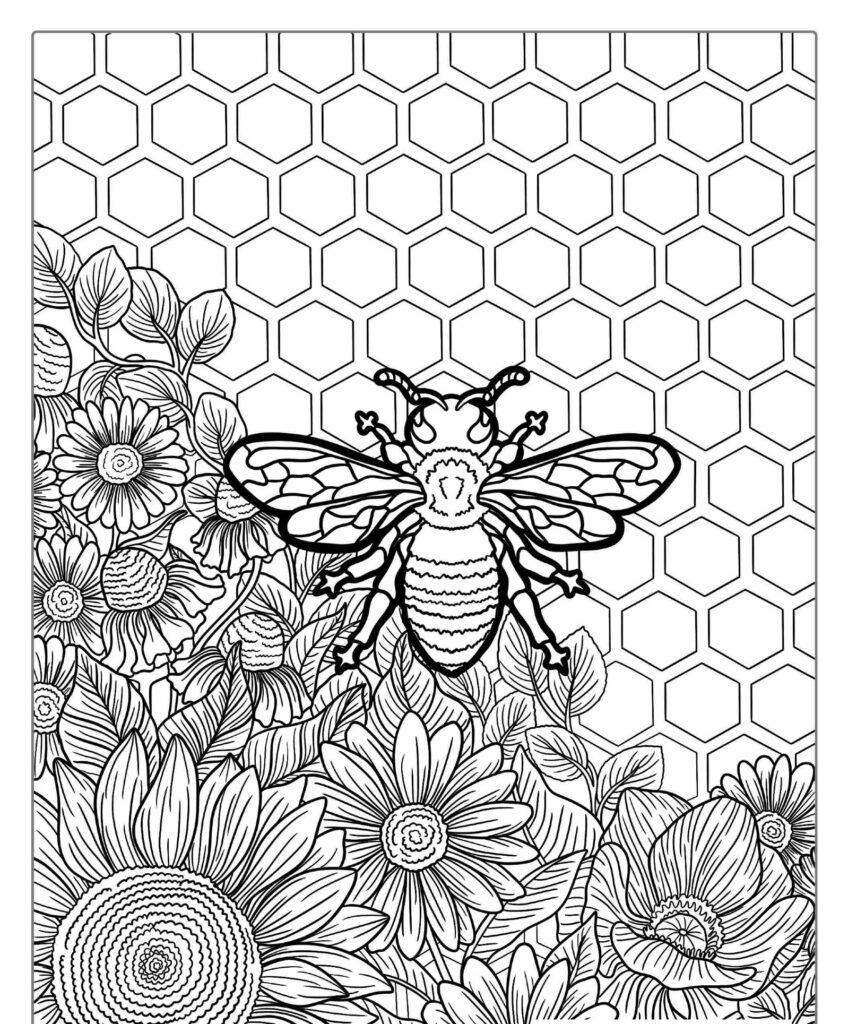 Uma página para colorir detalhada com uma abelha com flores e padrões hexagonais de favos de mel no fundo, perfeita para quem gosta de colorir desenhos complexos.