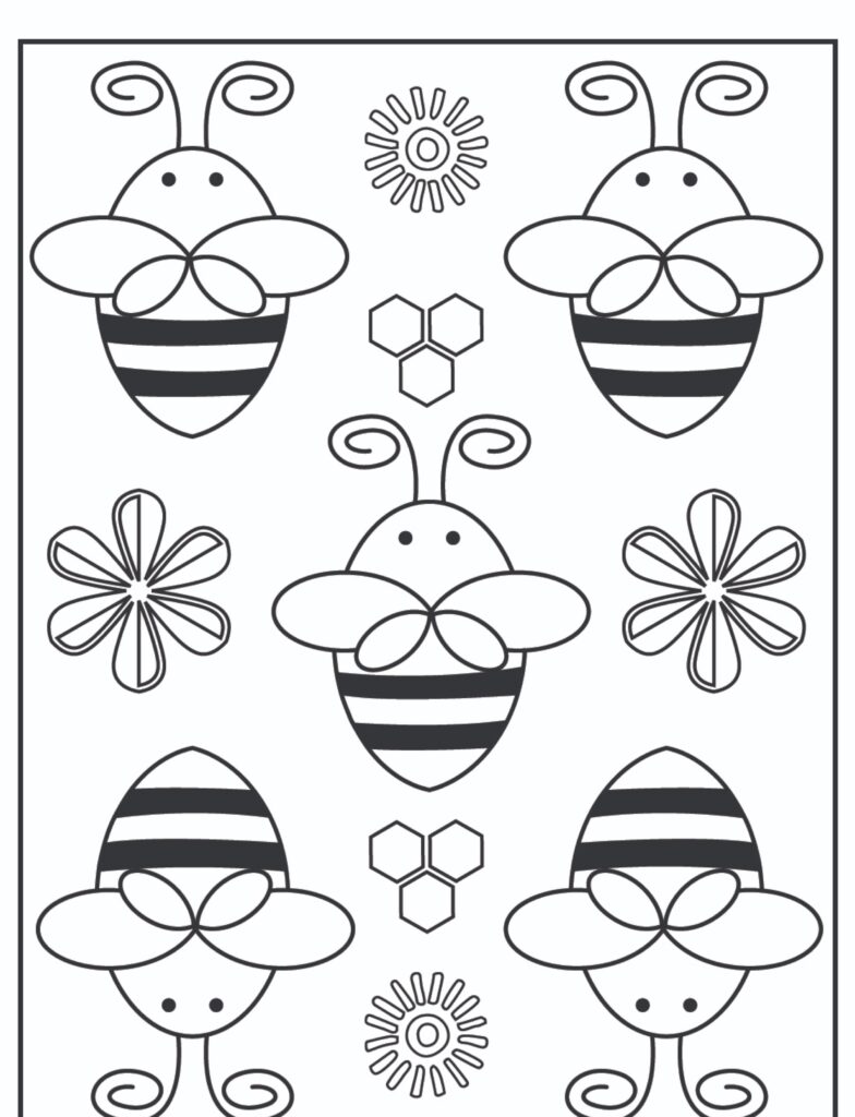 Lindo padrão de desenho de abelha em preto e branco com flores e hexágonos, perfeito para colorir.