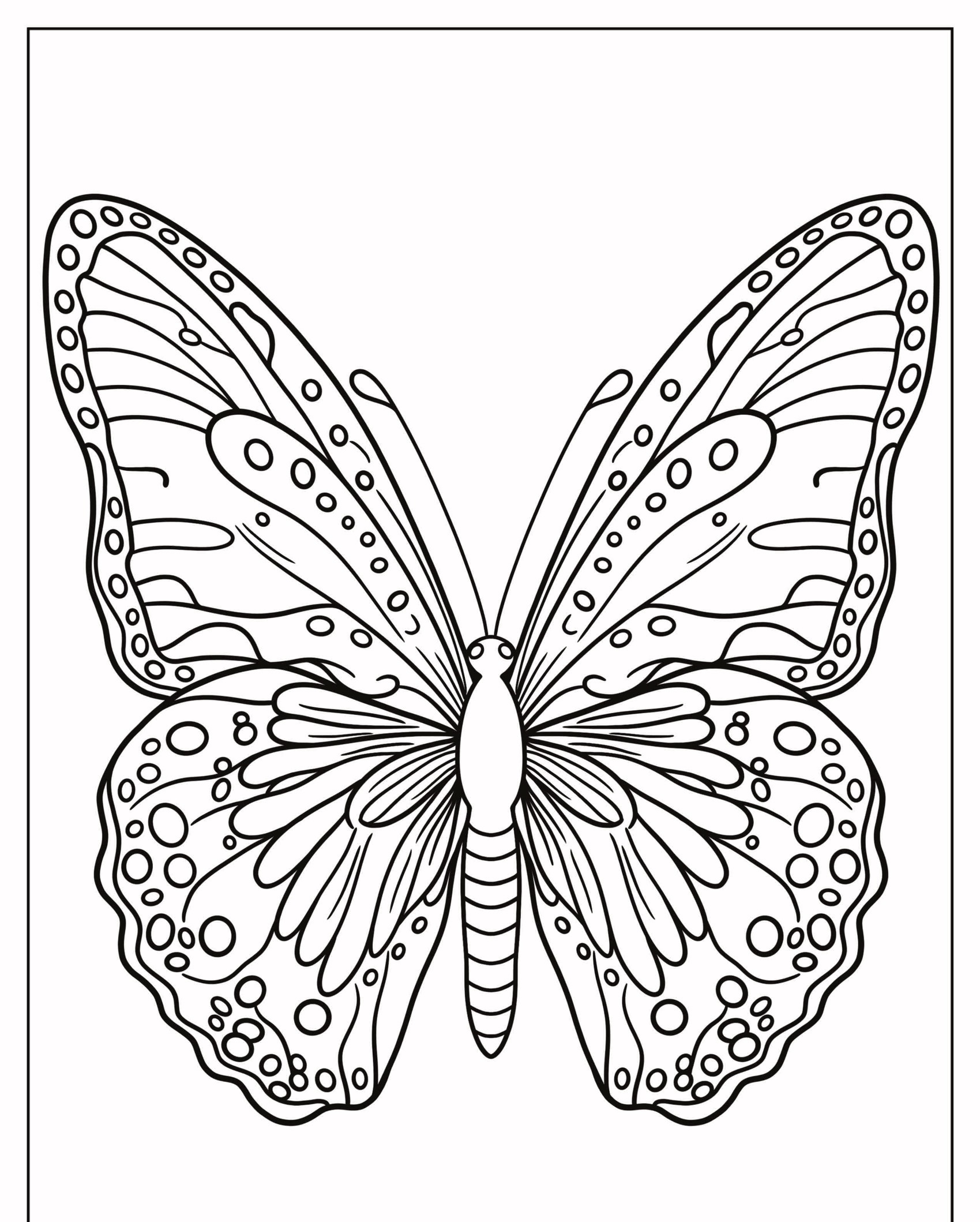 Uma borboleta para colorir com contorno preto e branco, exibindo padrões complexos em suas asas, pronta para ganhar vida com cores. Para Colorir.