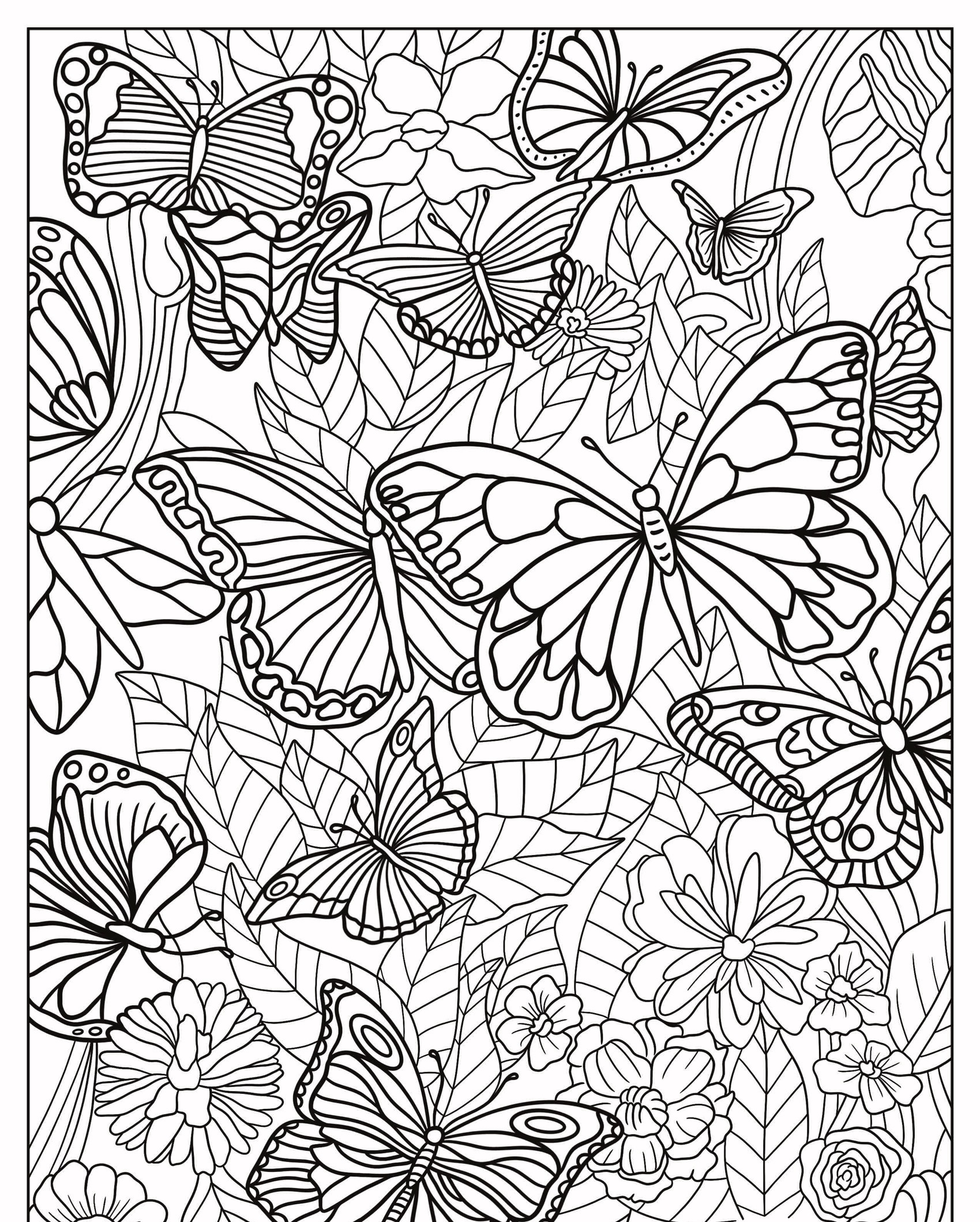 Uma página para colorir detalhada com um Desenho de Borboleta para Colorir com borboletas voando entre várias flores e folhas. Para Colorir.