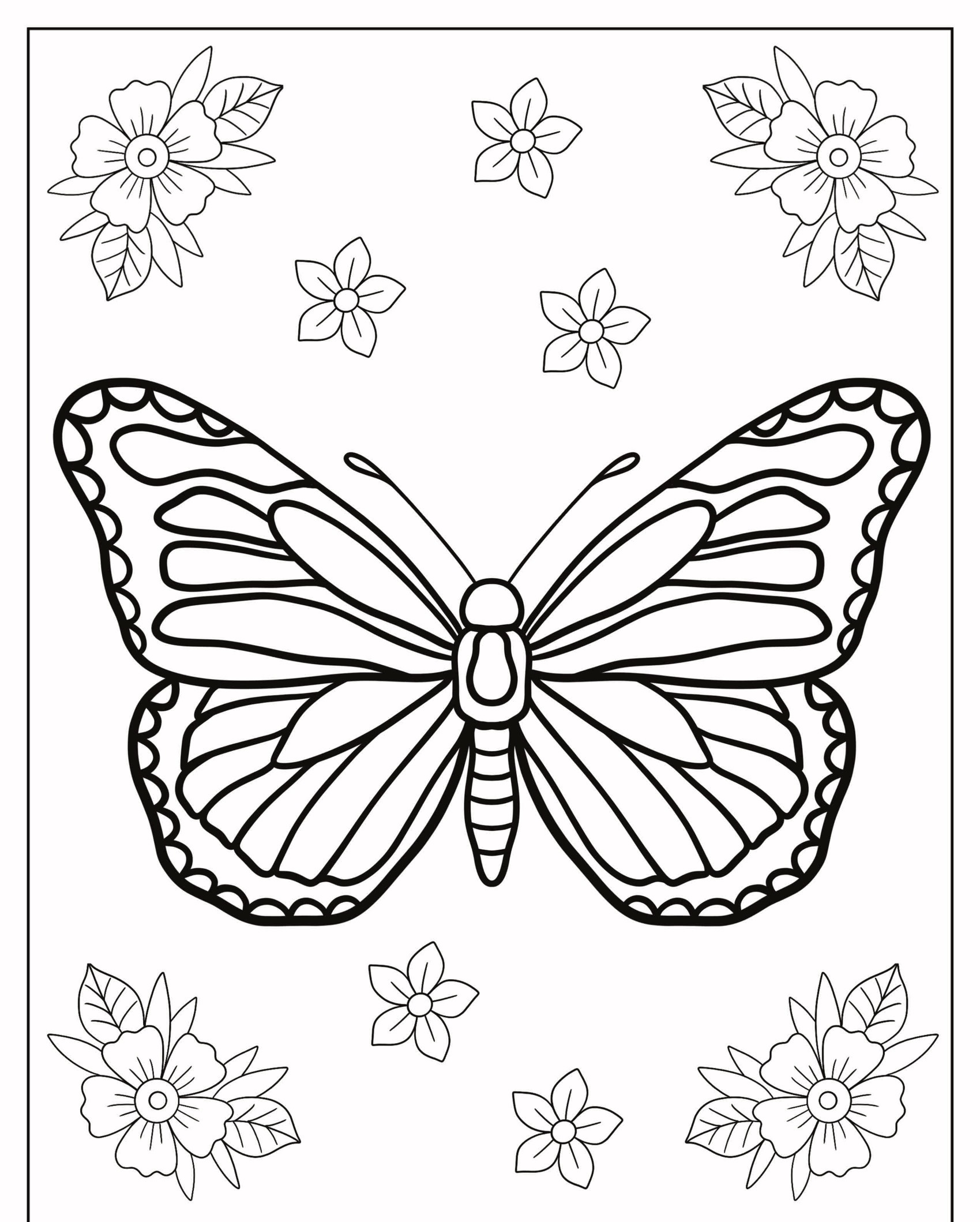 Desenho esboçado de uma borboleta para colorir, cercada por flores, projetada para colorir. Para Colorir.