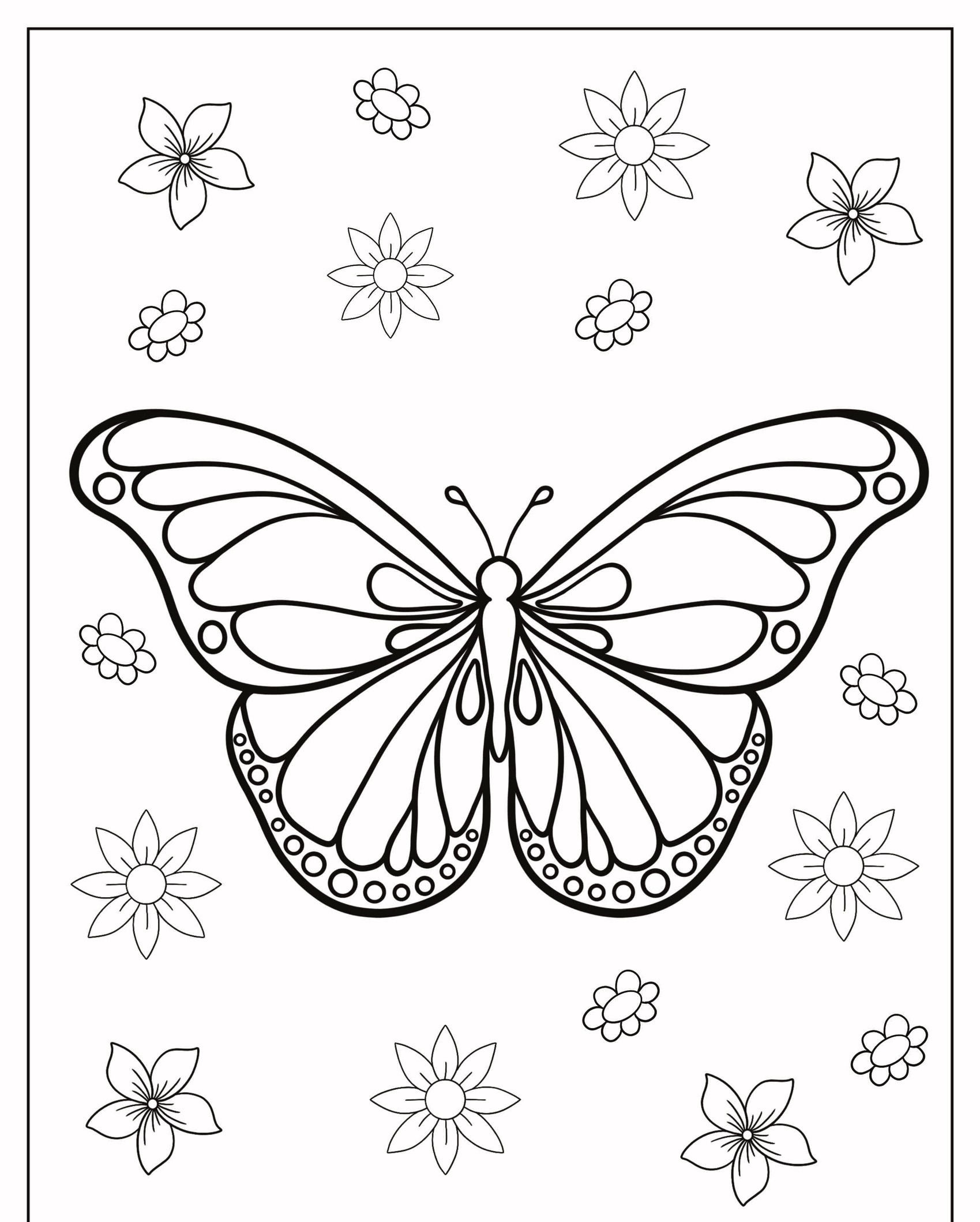 Um Desenho de Borboleta para Colorir em preto e branco com flores cercando a borboleta. Para Colorir.