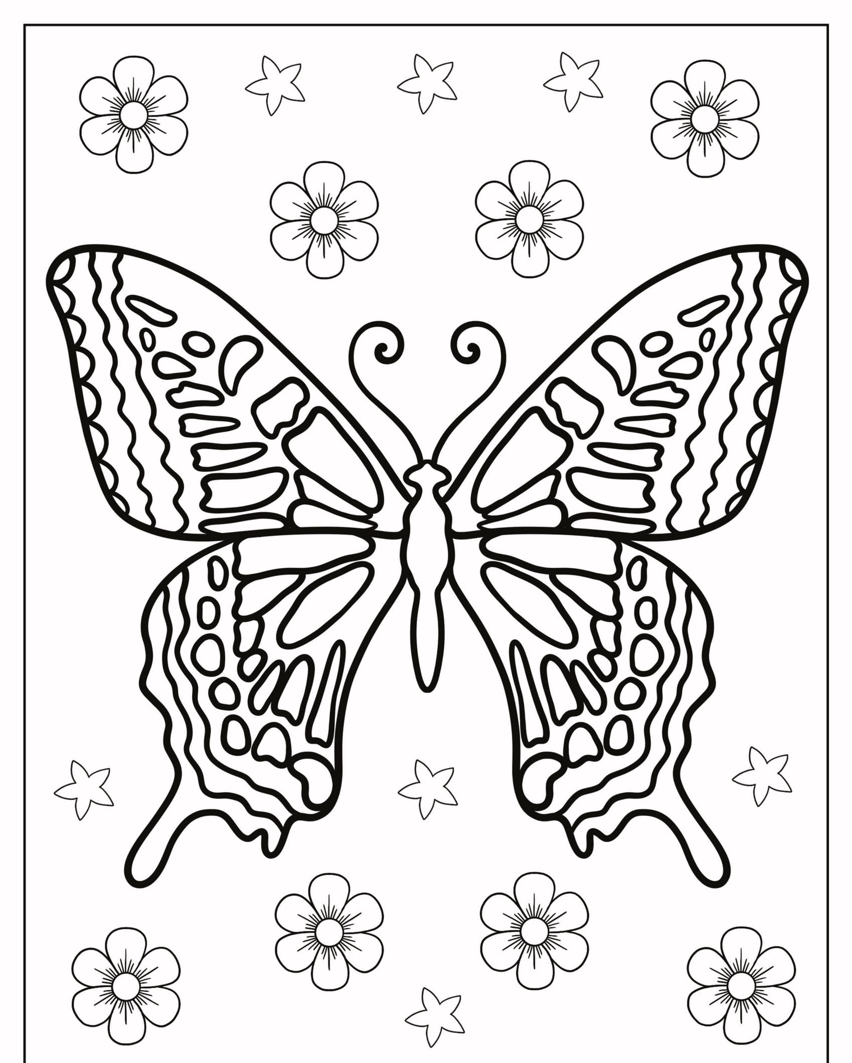 Desenho de borboleta para colorir com padrões florais e estelares ao fundo. Para Colorir.