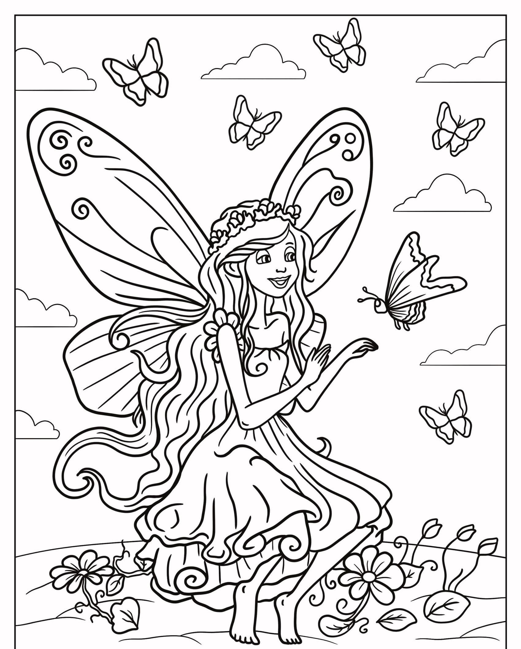 Uma fada com asas de borboleta está sentada no chão, cercada por flores e borboletas, sob um céu com poucas nuvens. É como um desenho mágico esperando para ser colorido. Para Colorir.