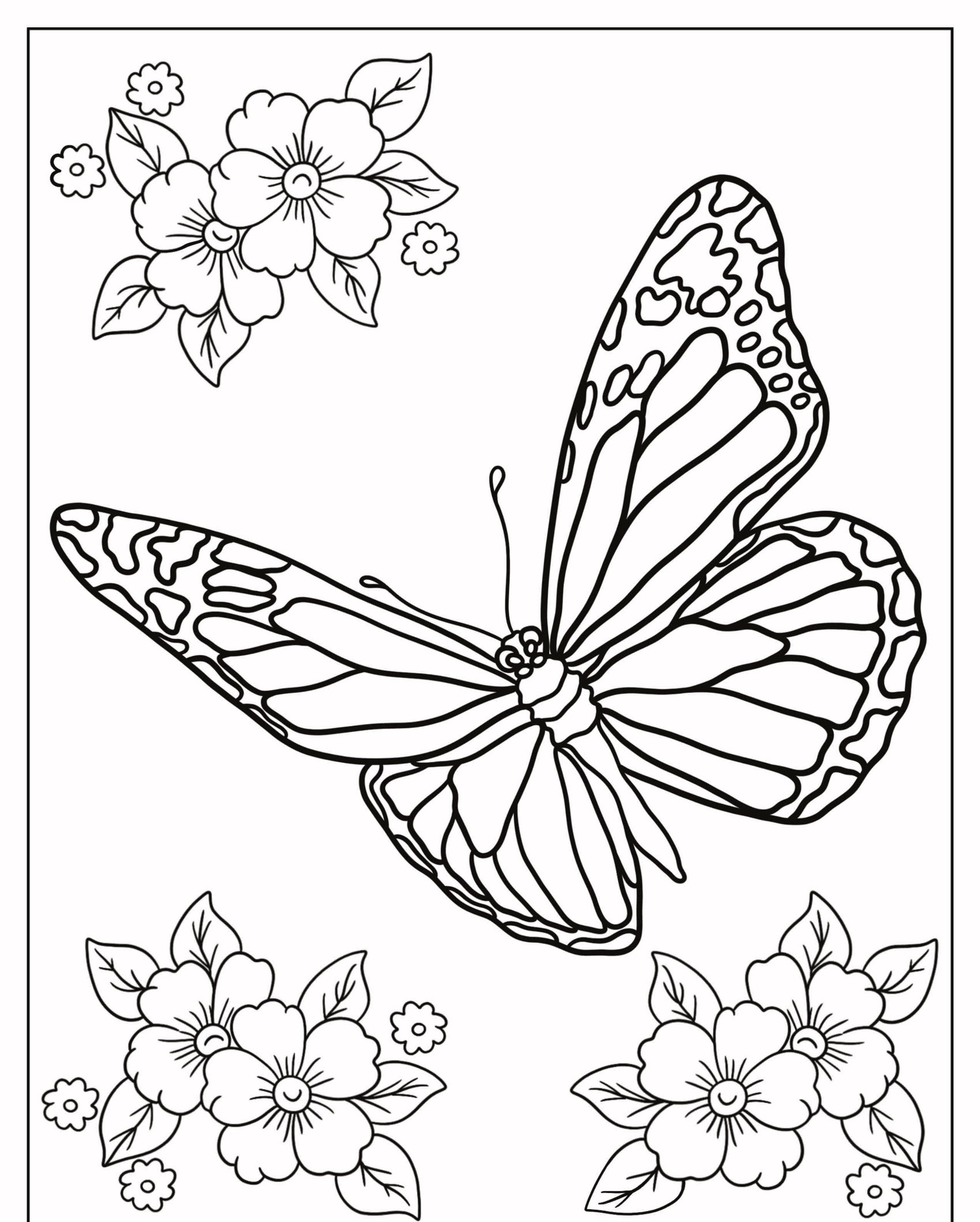 Uma grande borboleta cercada por quatro cachos de flores em uma página de desenho para colorir em preto e branco. Para Colorir.