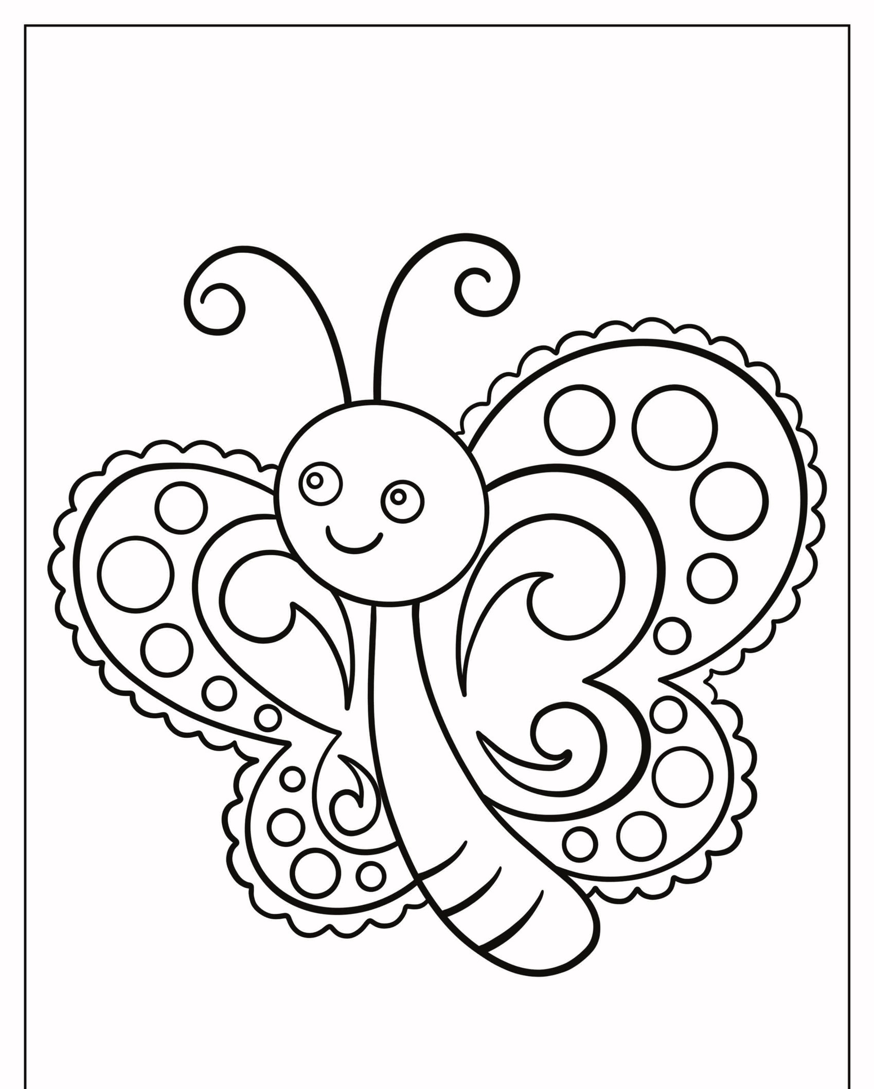 Um desenho em preto e branco de uma borboleta sorridente com padrões intrincados de asas, incluindo redemoinhos e círculos, perfeito para entusiastas de colorir. Para Colorir.