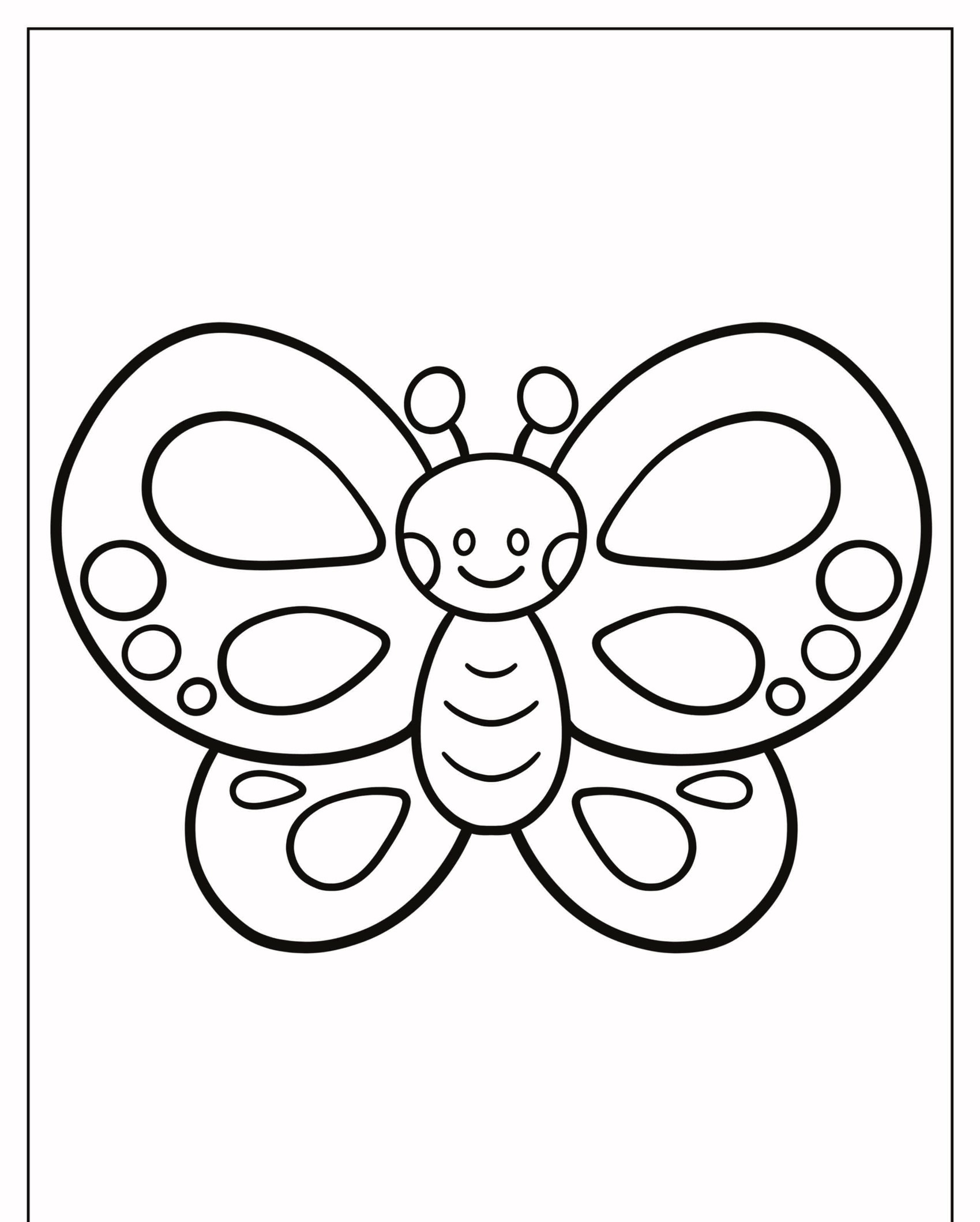 Desenho simples de um Desenho de Borboleta sorridente com asas grandes e padrões circulares, perfeito para colorir. Para Colorir.