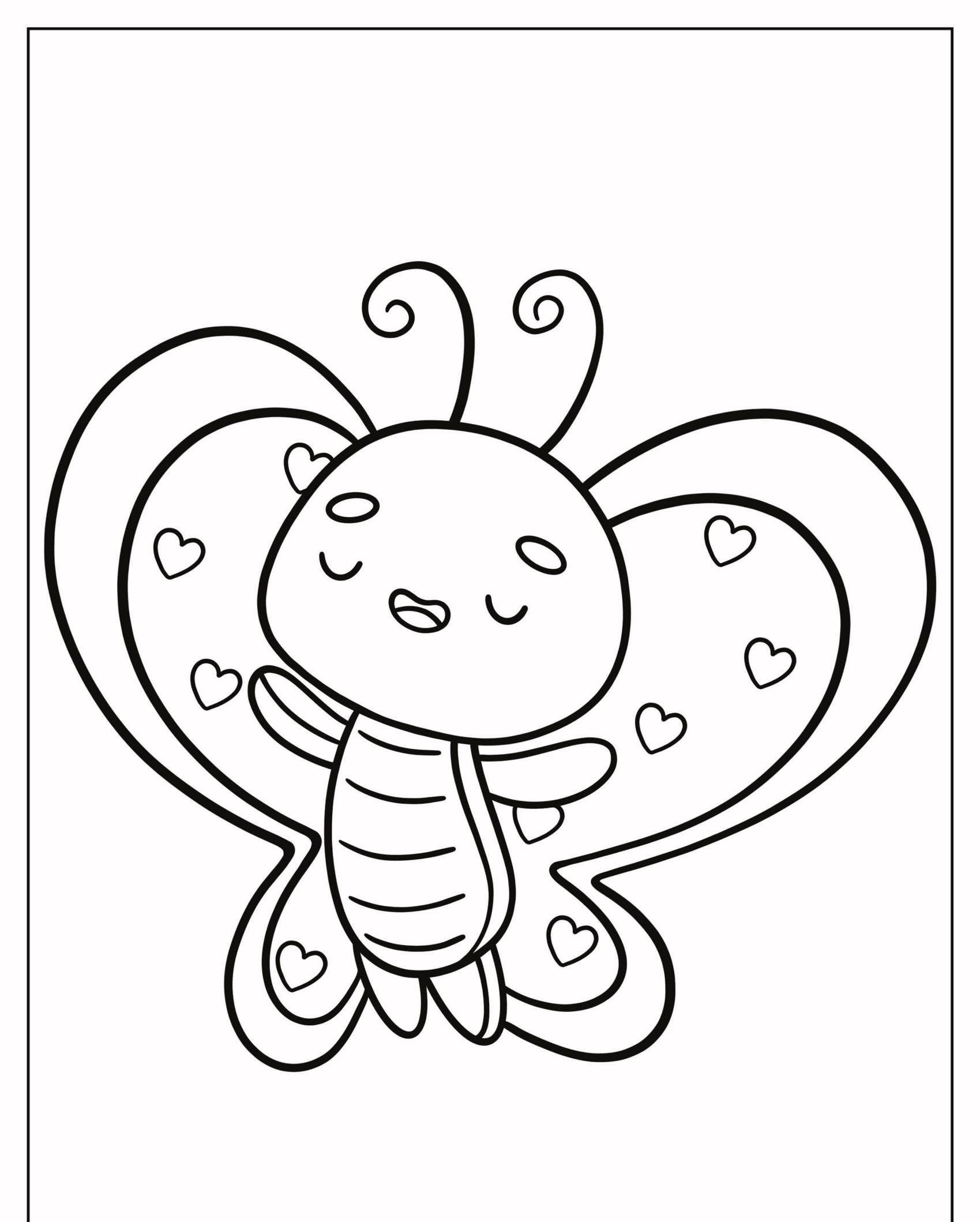 Uma linda borboleta de desenho animado com corações em suas asas, sorrindo e voando, perfeita para desenho ou colorir. Para Colorir.