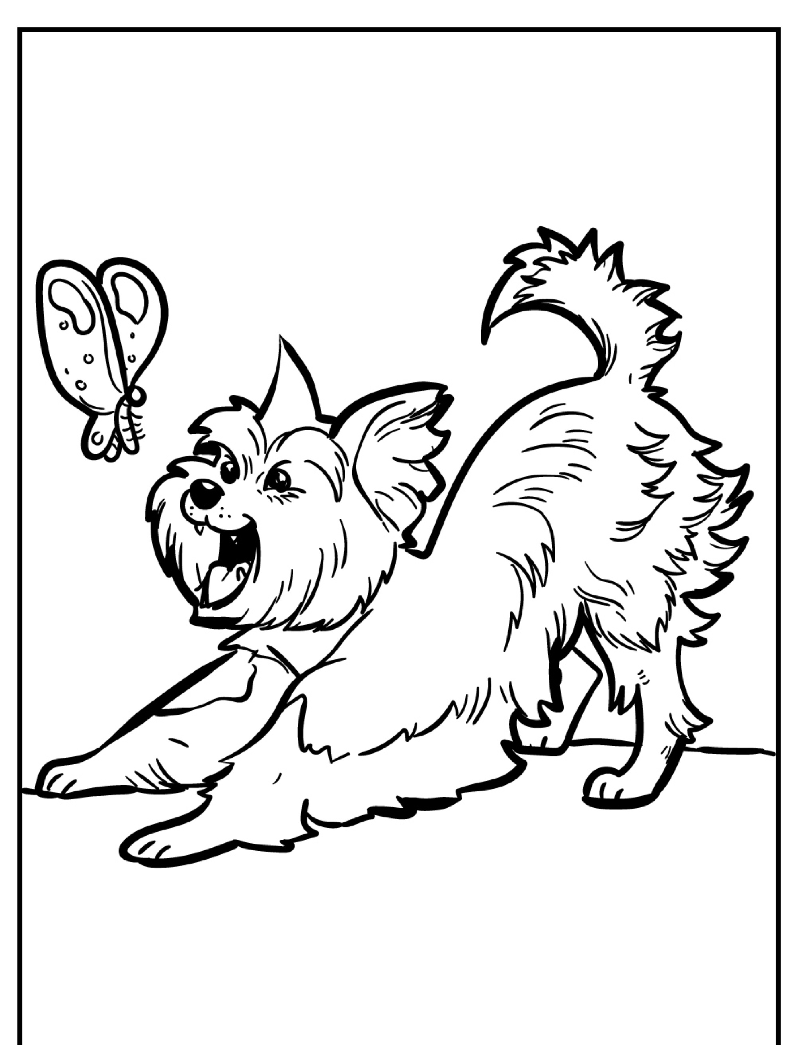 Um cachorro brincalhão se estica em direção a uma borboleta neste desenho encantador, perfeito para colorir.