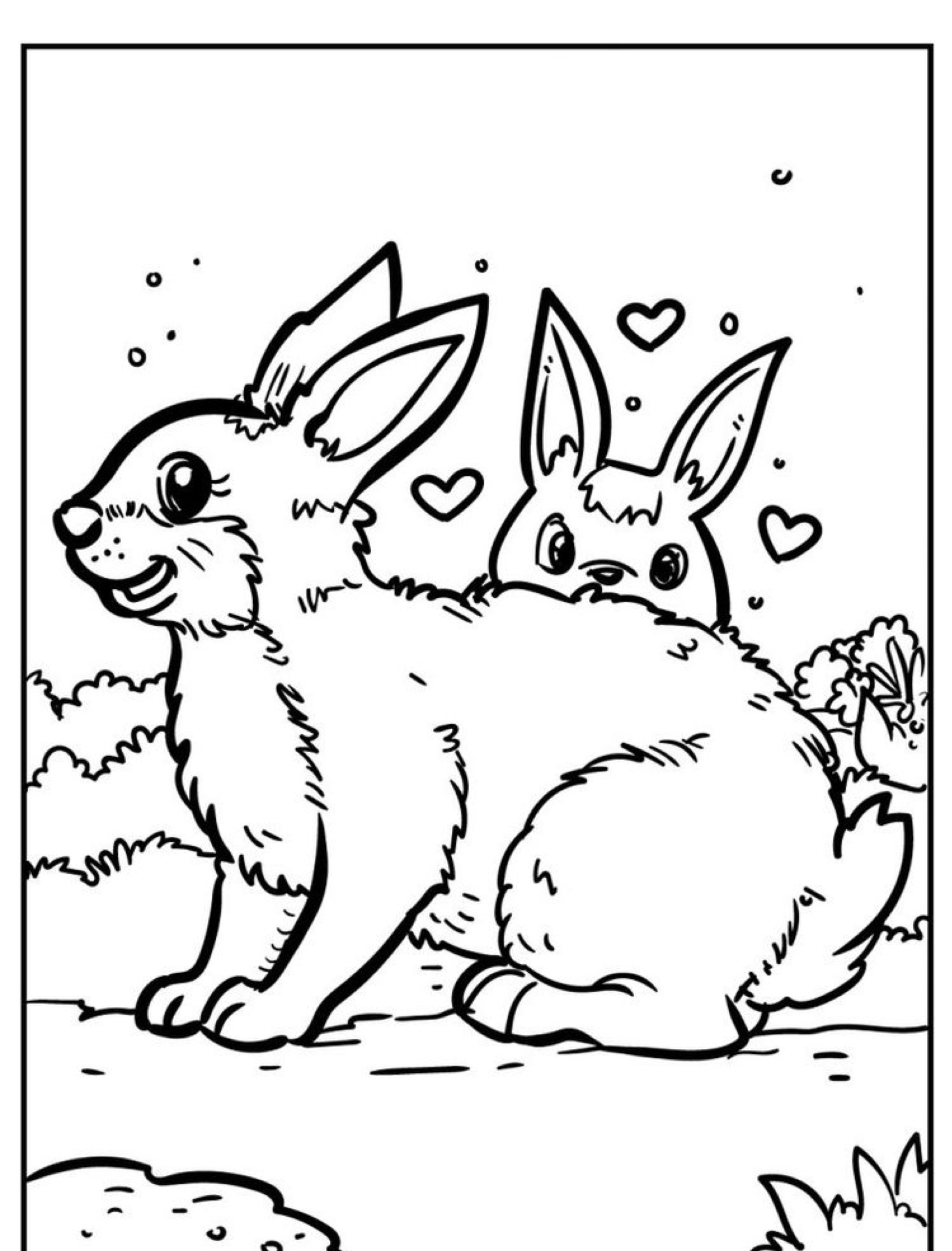 Dois coelhinhos de desenho animado, um sentado e outro espiando por trás, com corações acima deles em um cenário natural. É um desenho adorável que você mal pode esperar para colorir!