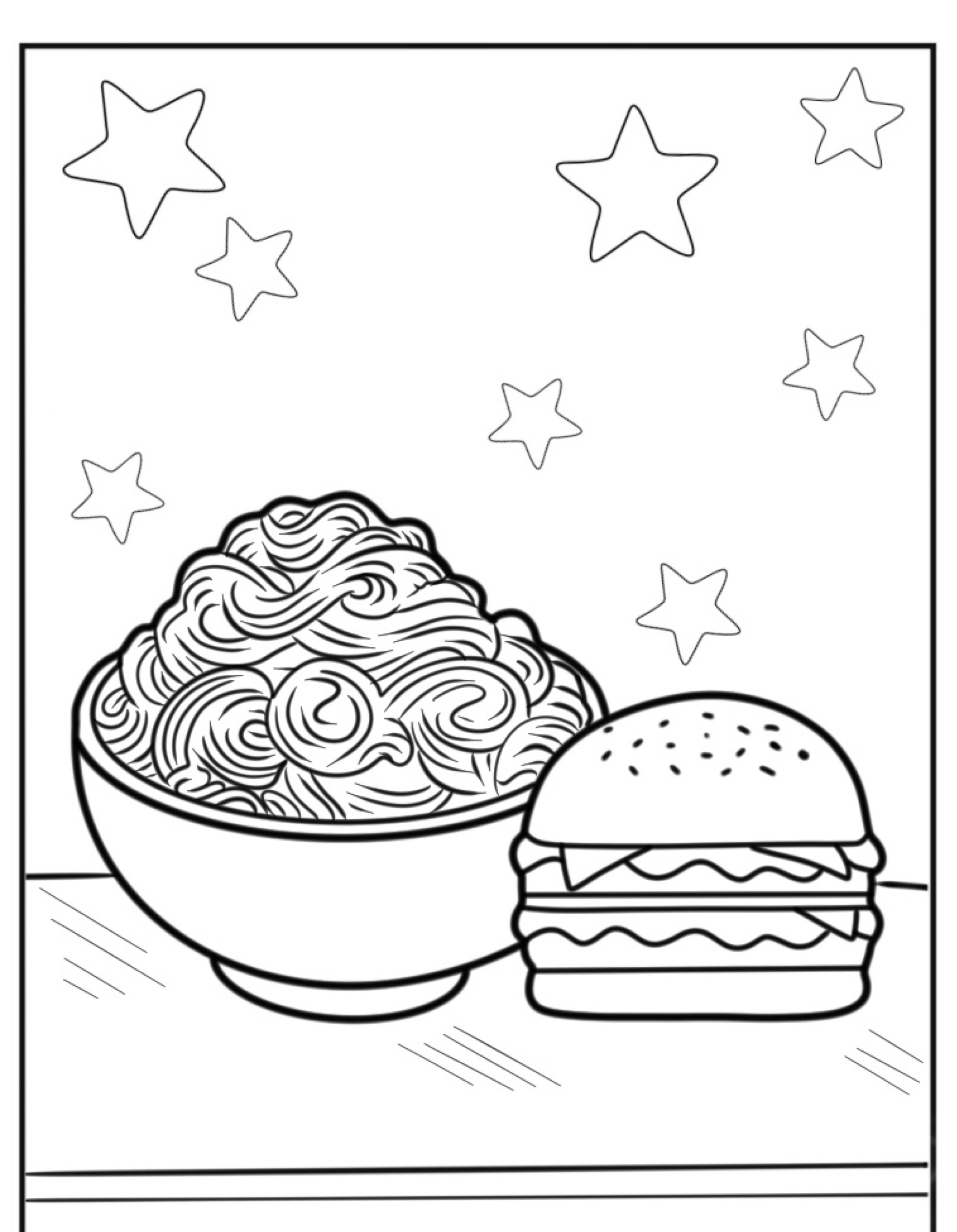 Uma página para colorir com desenhos de comida, incluindo uma tigela de macarrão e um hambúrguer, com estrelas cintilantes ao fundo.