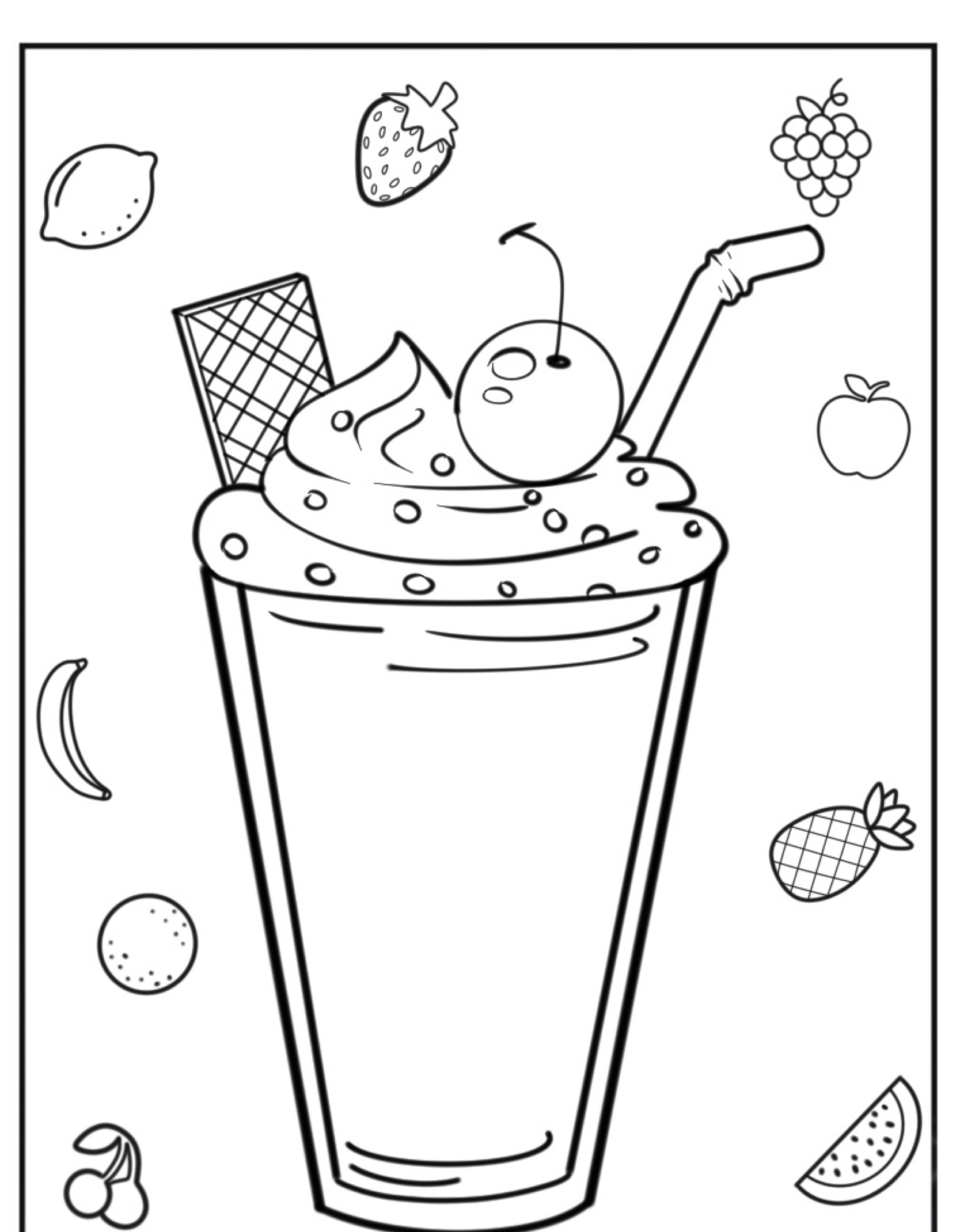 Um milkshake com chantilly, um wafer e uma cereja, cercado por frutas vibrantes como morangos e uvas, parece ter saído de um desenho de comida.