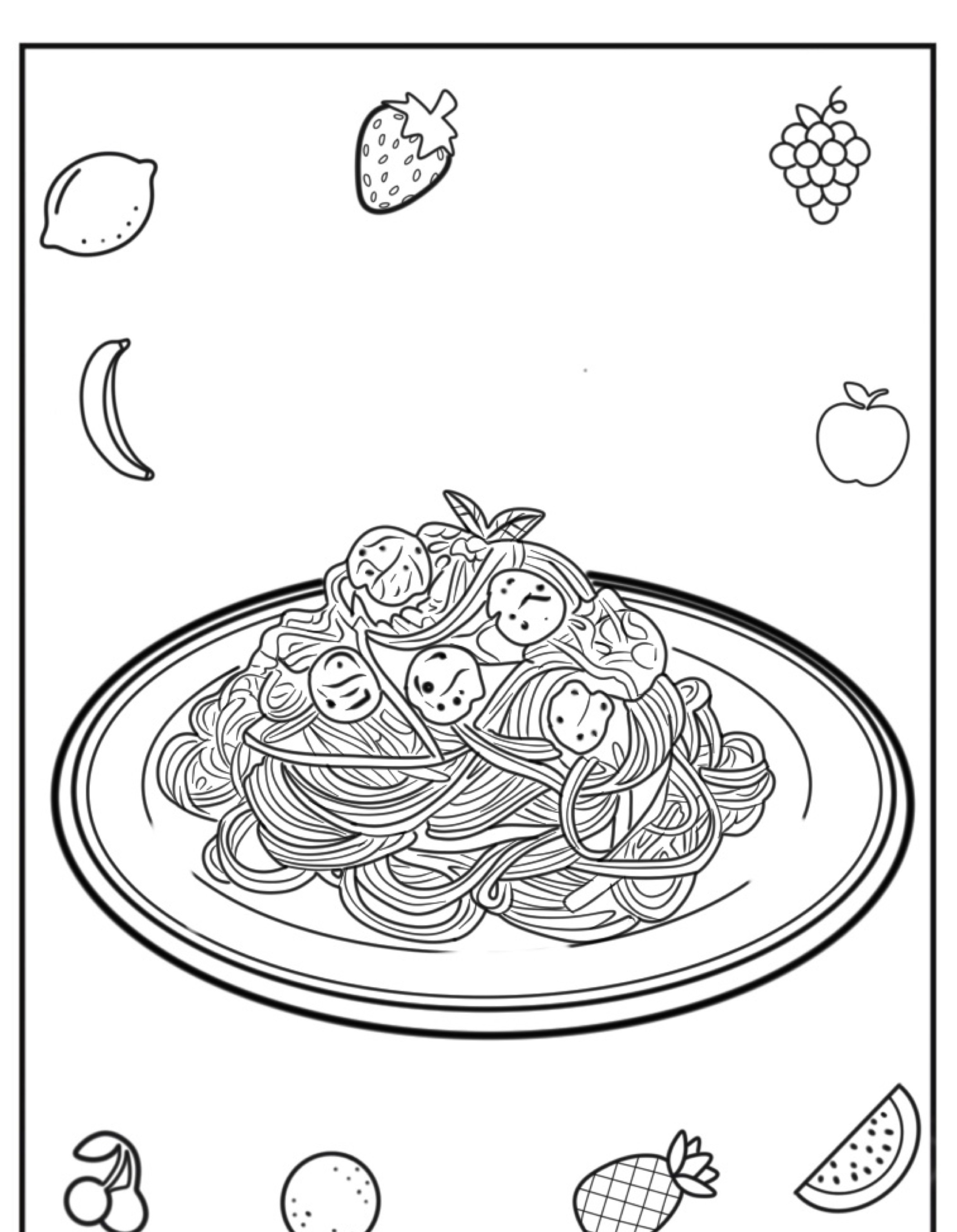 Um prato de espaguete com legumes, ilustrado com ícones de frutas e vegetais ao redor, perfeito para colorir e aproveitar.