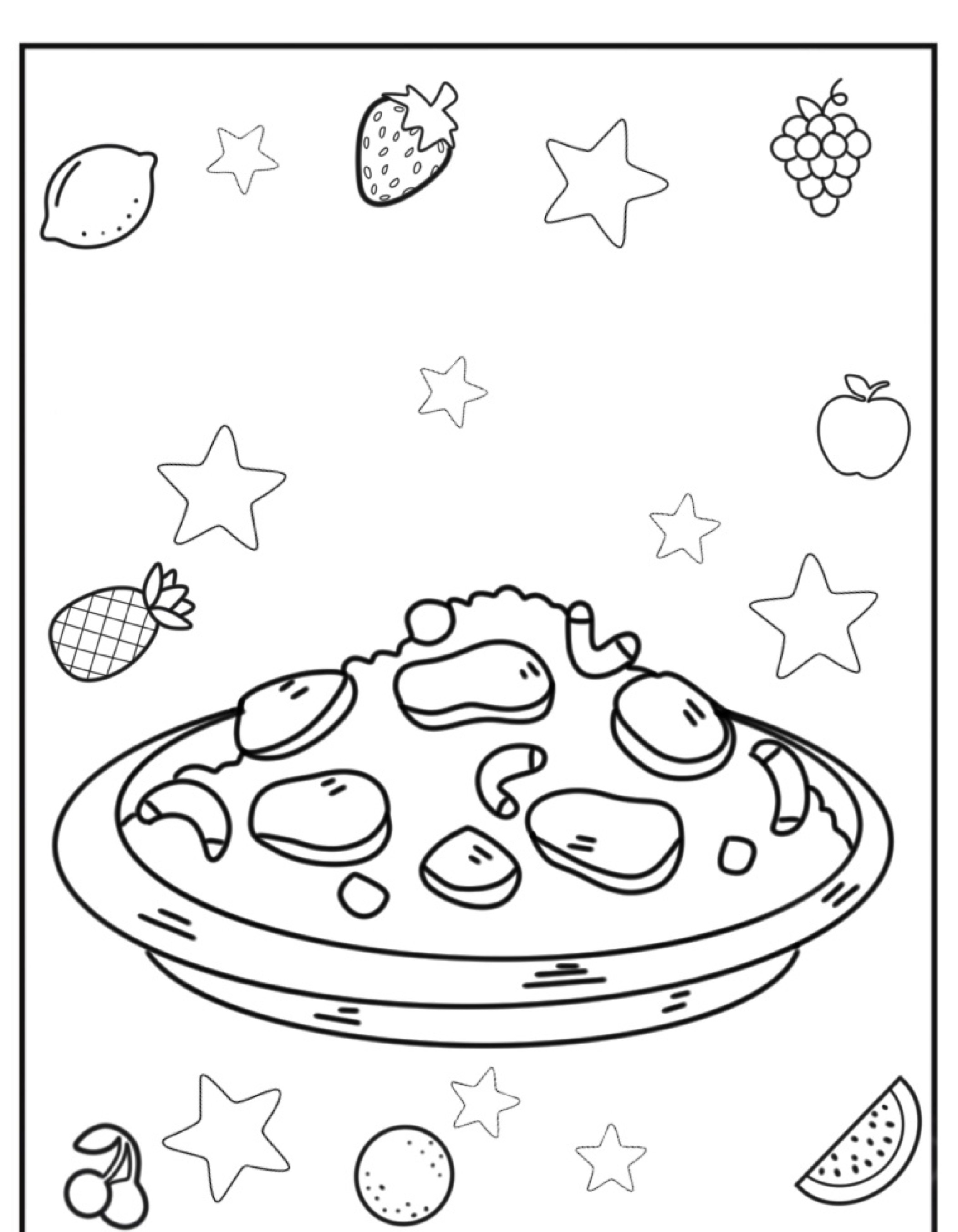 Um prato de comida com várias formas flutuando ao redor, incluindo estrelas, frutas e vegetais. Ilustração em preto e branco ideal para colorir.