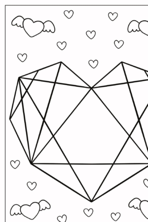 Um coração geométrico com pequenos corações e corações alados ao redor, tudo em preto e branco, perfeito para colorir desenhos. Para Colorir.