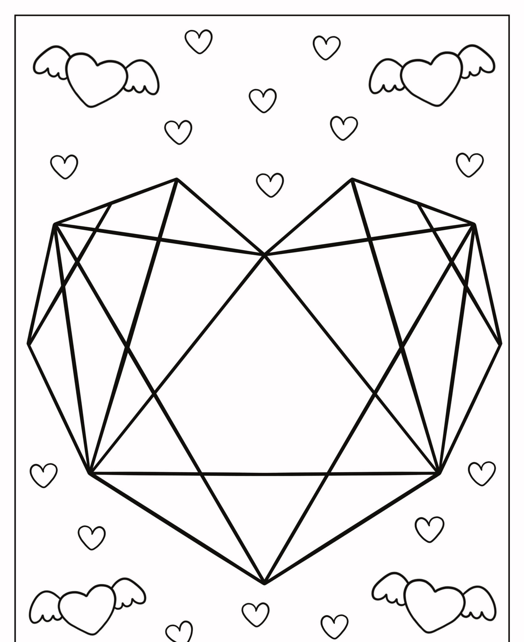 Um coração geométrico com pequenos corações e corações alados ao redor, tudo em preto e branco, perfeito para colorir desenhos. Para Colorir.