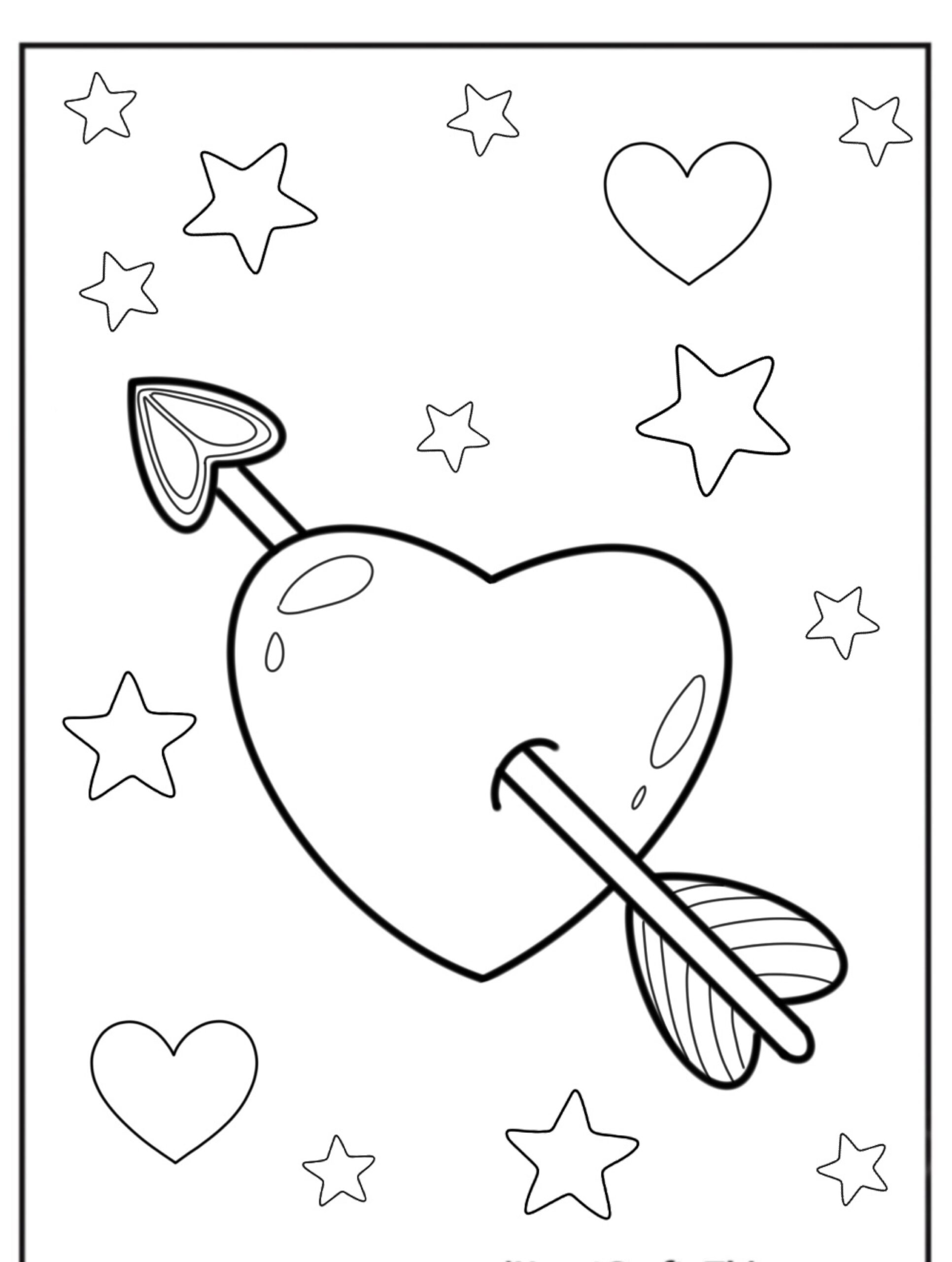 Uma página para colorir com um coração perfurado por uma flecha, cercado por estrelas e corações menores, perfeita para quem gosta de desenhos para colorir. Para Colorir.