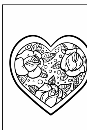 Desenho em formato de coração contendo rosas e folhas, rodeados por pequenos círculos sobre fundo branco – perfeito para desenhos de corações. Para Colorir.