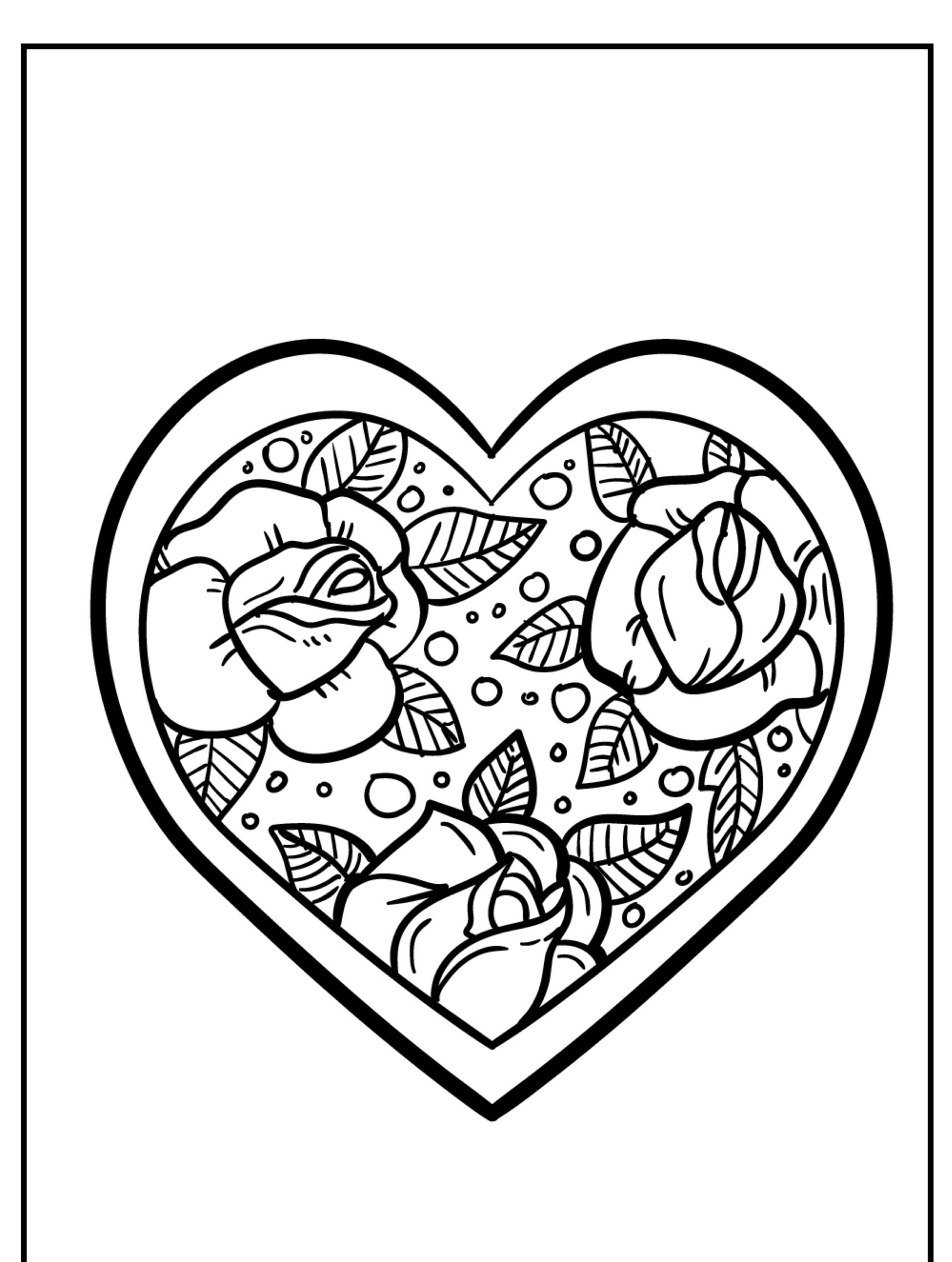 Desenho em formato de coração contendo rosas e folhas, rodeados por pequenos círculos sobre fundo branco – perfeito para desenhos de corações. Para Colorir.