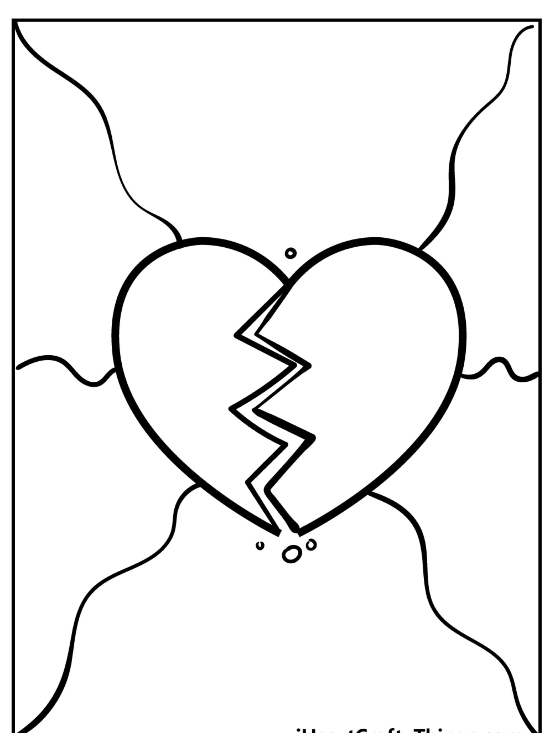 Um coração partido com uma rachadura irregular no meio e linhas onduladas se estendendo a partir dele, simbolizando sofrimento emocional. Perfeito para quem busca desenhos de corações para colorir. Para Colorir.