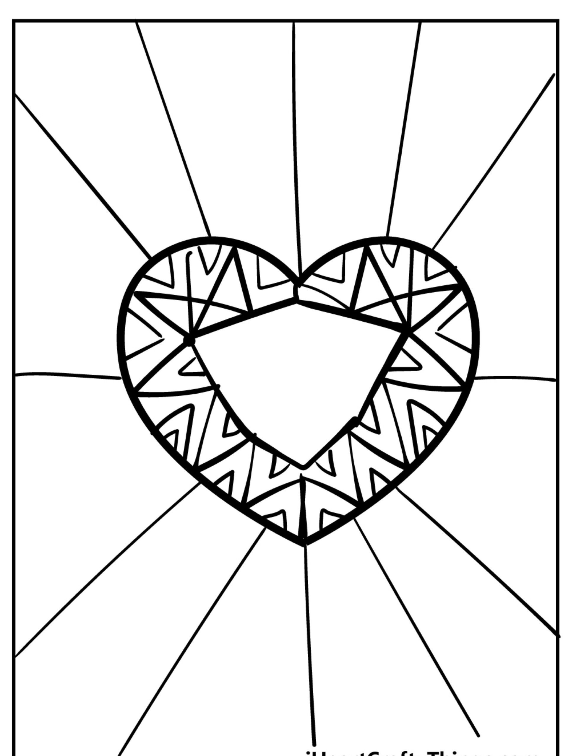 Um coração geométrico feito de padrões triangulares com raios se estendendo para fora em um estilo de vitral, perfeito para colorir. Para Colorir.