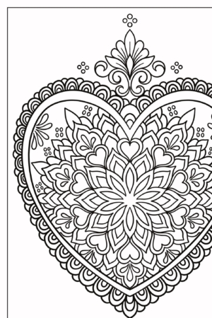 Mandala em formato de coração em preto e branco com padrões complexos e desenhos florais, perfeita para colorir e com delicados corações dentro do desenho. Para Colorir.