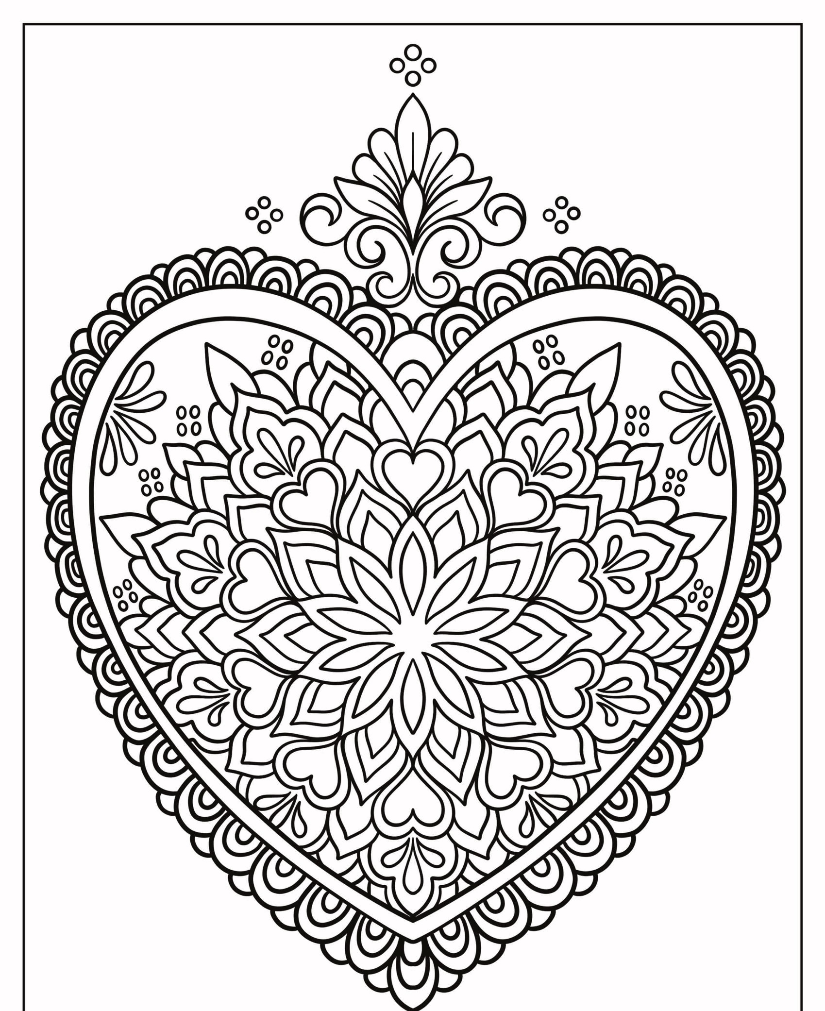 Mandala em formato de coração em preto e branco com padrões complexos e desenhos florais, perfeita para colorir e com delicados corações dentro do desenho. Para Colorir.