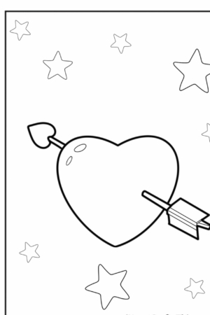 Um coração atravessado por uma flecha é cercado por estrelas neste desenho simples, o que o torna um desenho para colorir perfeito. Para Colorir.