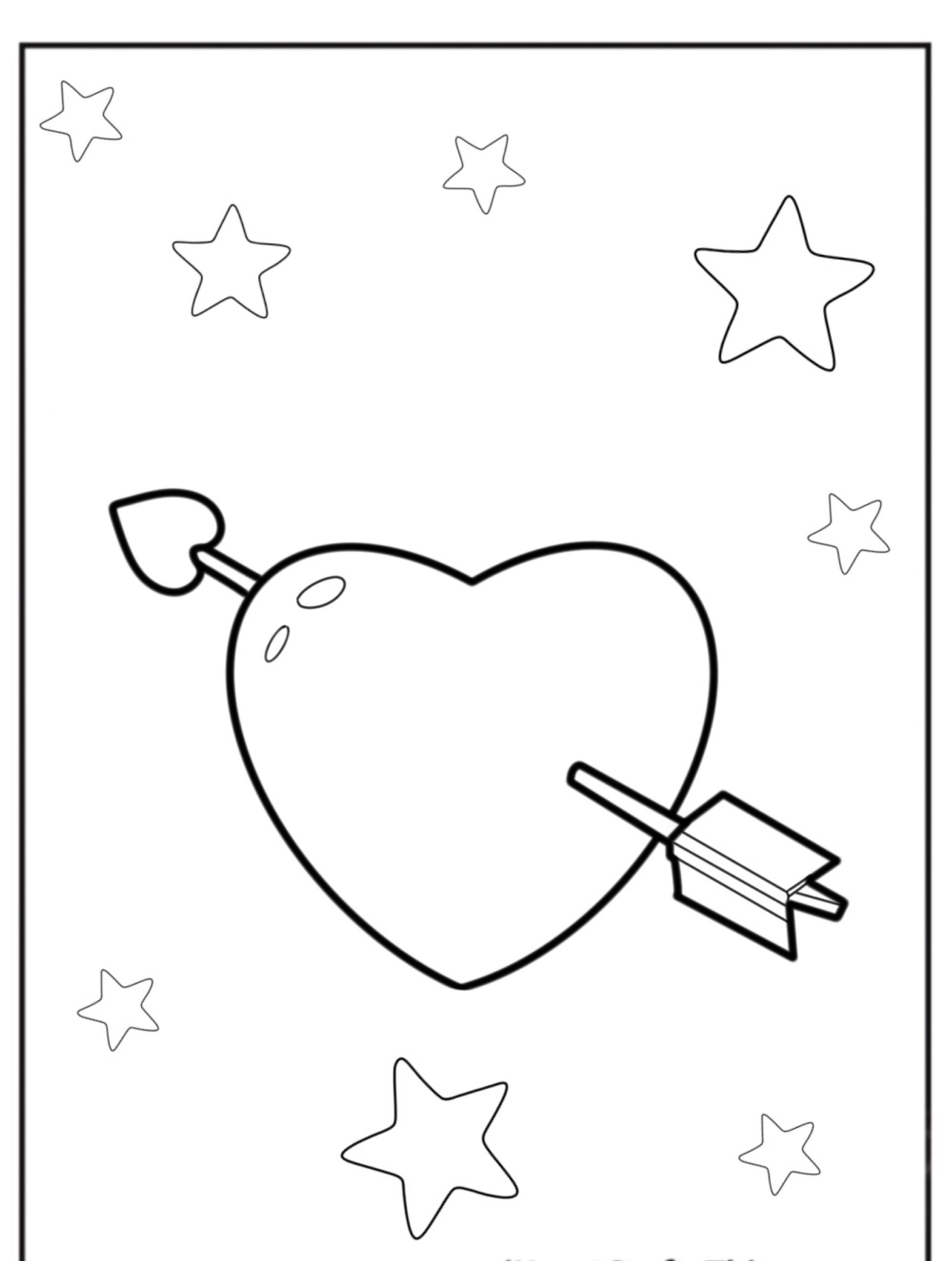 Um coração atravessado por uma flecha é cercado por estrelas neste desenho simples, o que o torna um desenho para colorir perfeito. Para Colorir.