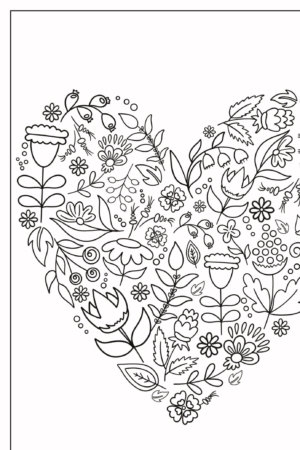 Um padrão floral em forma de coração com várias flores e folhas, perfeito para colorir, renderizado em um estilo de ilustração de desenho em preto e branco. Para Colorir.