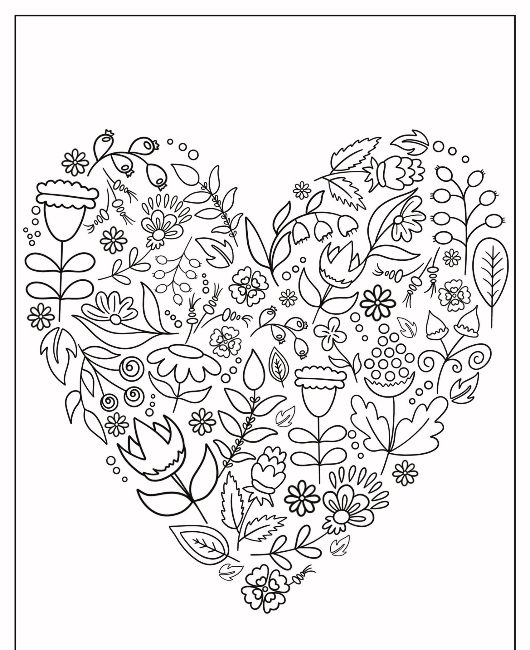 Um padrão floral em forma de coração com várias flores e folhas, perfeito para colorir, renderizado em um estilo de ilustração de desenho em preto e branco. Para Colorir.