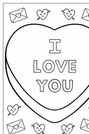 Desenho para colorir com um grande coração no centro, texto interno diz "I LOVE YOU", rodeado por corações sorridentes e envelopes. Para Colorir.