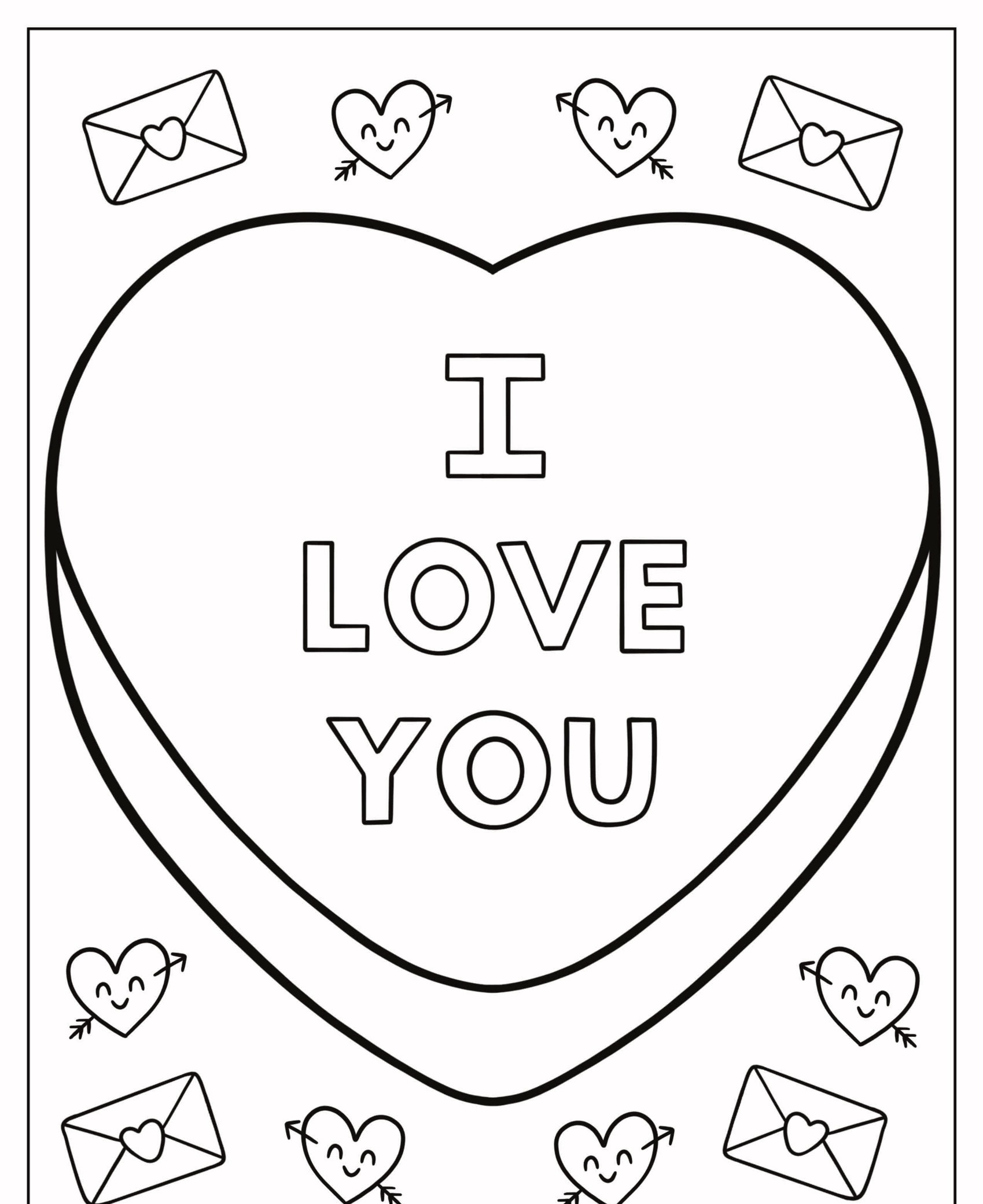 Desenho para colorir com um grande coração no centro, texto interno diz "I LOVE YOU", rodeado por corações sorridentes e envelopes. Para Colorir.