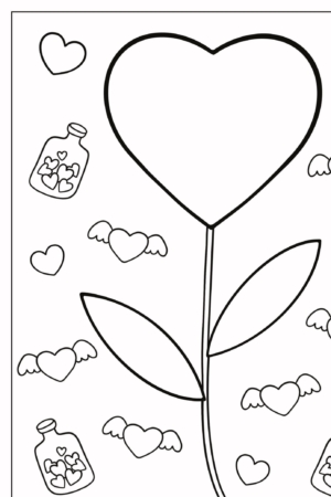 Uma flor com um botão em forma de coração, cercada por pequenos corações, desenhos de corações com asas e garrafas contendo corações. Para Colorir.