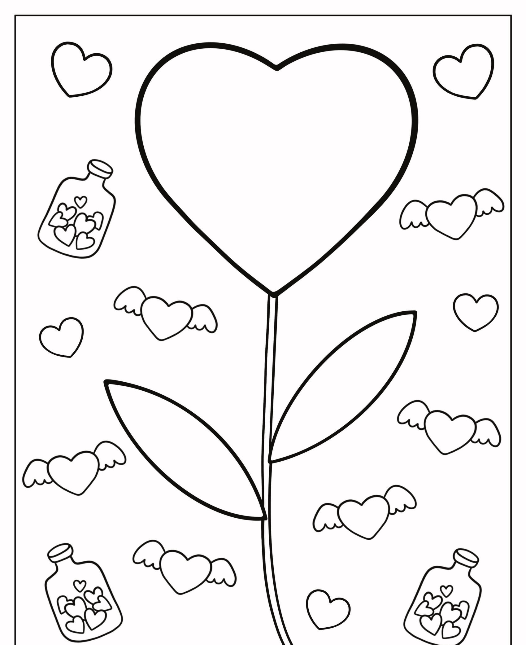 Uma flor com um botão em forma de coração, cercada por pequenos corações, desenhos de corações com asas e garrafas contendo corações. Para Colorir.