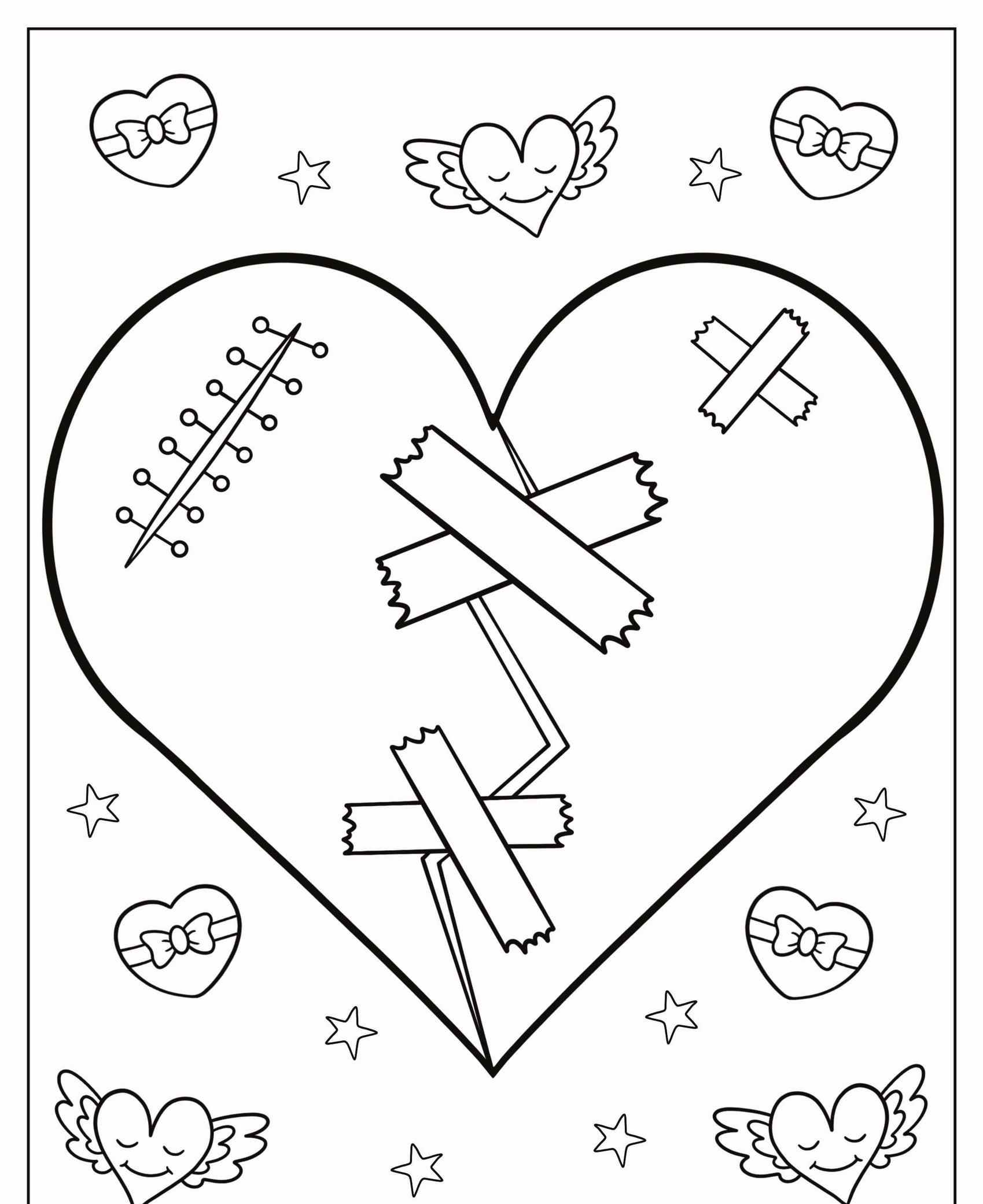 Ilustração de um desenho de um coração com band-aids e pontos, cercado por corações menores com asas e estrelas em um fundo branco, perfeito para colorir. Para Colorir.