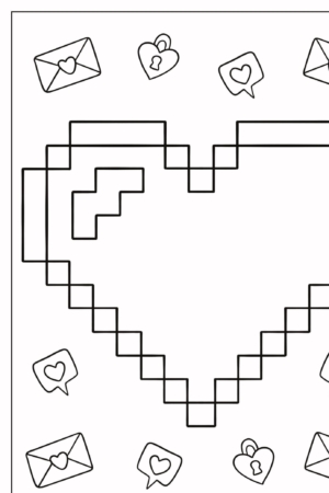 Um coração pixelado cercado por envelopes de correio, cadeados e balões de fala com corações adiciona um toque de cor vibrante a este desenho lúdico. Para Colorir.