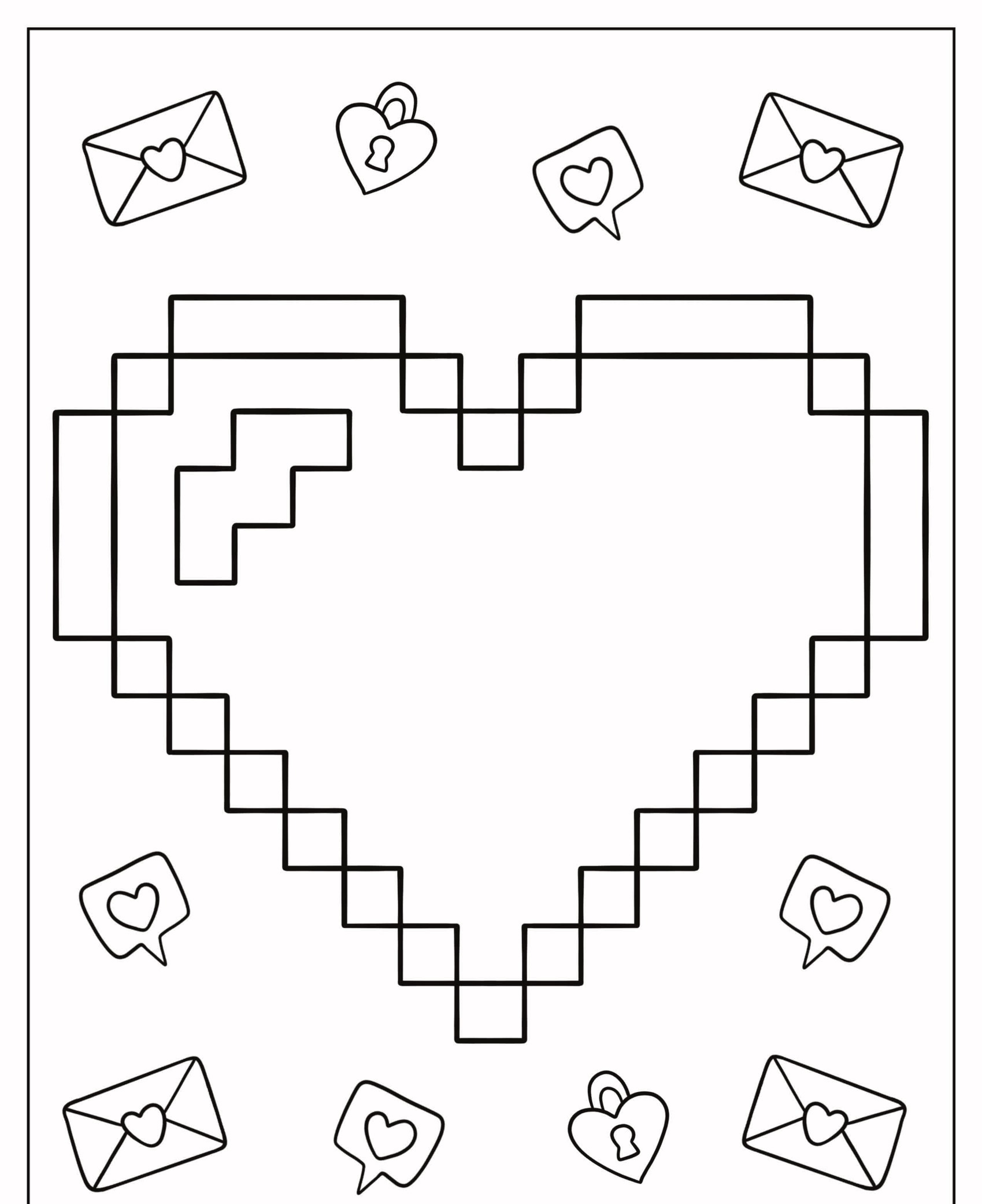 Um coração pixelado cercado por envelopes de correio, cadeados e balões de fala com corações adiciona um toque de cor vibrante a este desenho lúdico. Para Colorir.