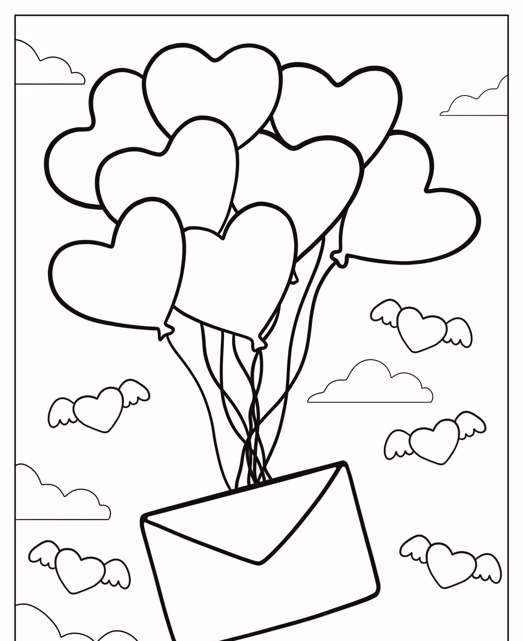 Uma página para colorir, ou desenho, com um envelope levantado por balões em formato de coração flutuando entre nuvens e corações alados em formato de coração, perfeitos para colorir. Para Colorir.