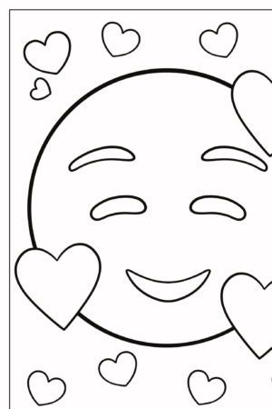 Um emoji sorridente cercado por corações de vários tamanhos, perfeito para colorir ou fazer um desenho fofo. Para Colorir.