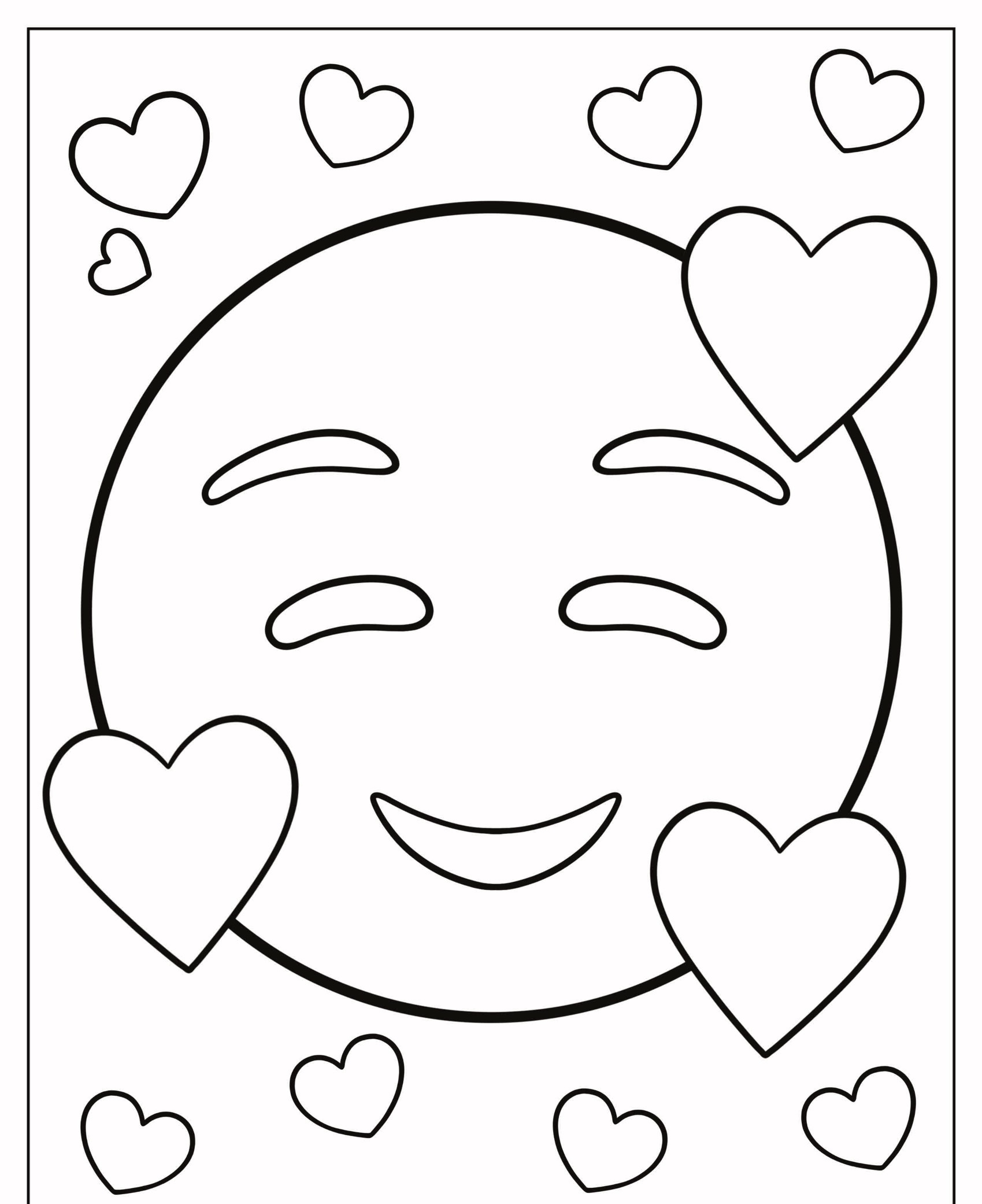 Um emoji sorridente cercado por corações de vários tamanhos, perfeito para colorir ou fazer um desenho fofo. Para Colorir.