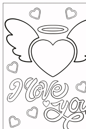 Um coração com asas e uma auréola cercada por corações menores, com "eu te amo" escrito em grandes letras cursivas abaixo, perfeito para desenhos de colorir. Para Colorir.