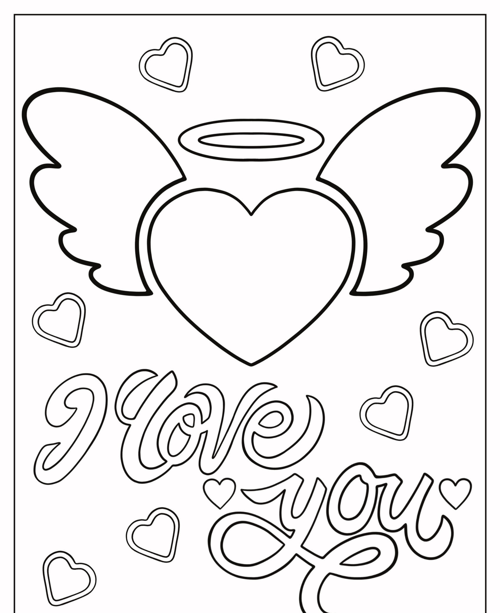 Um coração com asas e uma auréola cercada por corações menores, com "eu te amo" escrito em grandes letras cursivas abaixo, perfeito para desenhos de colorir. Para Colorir.