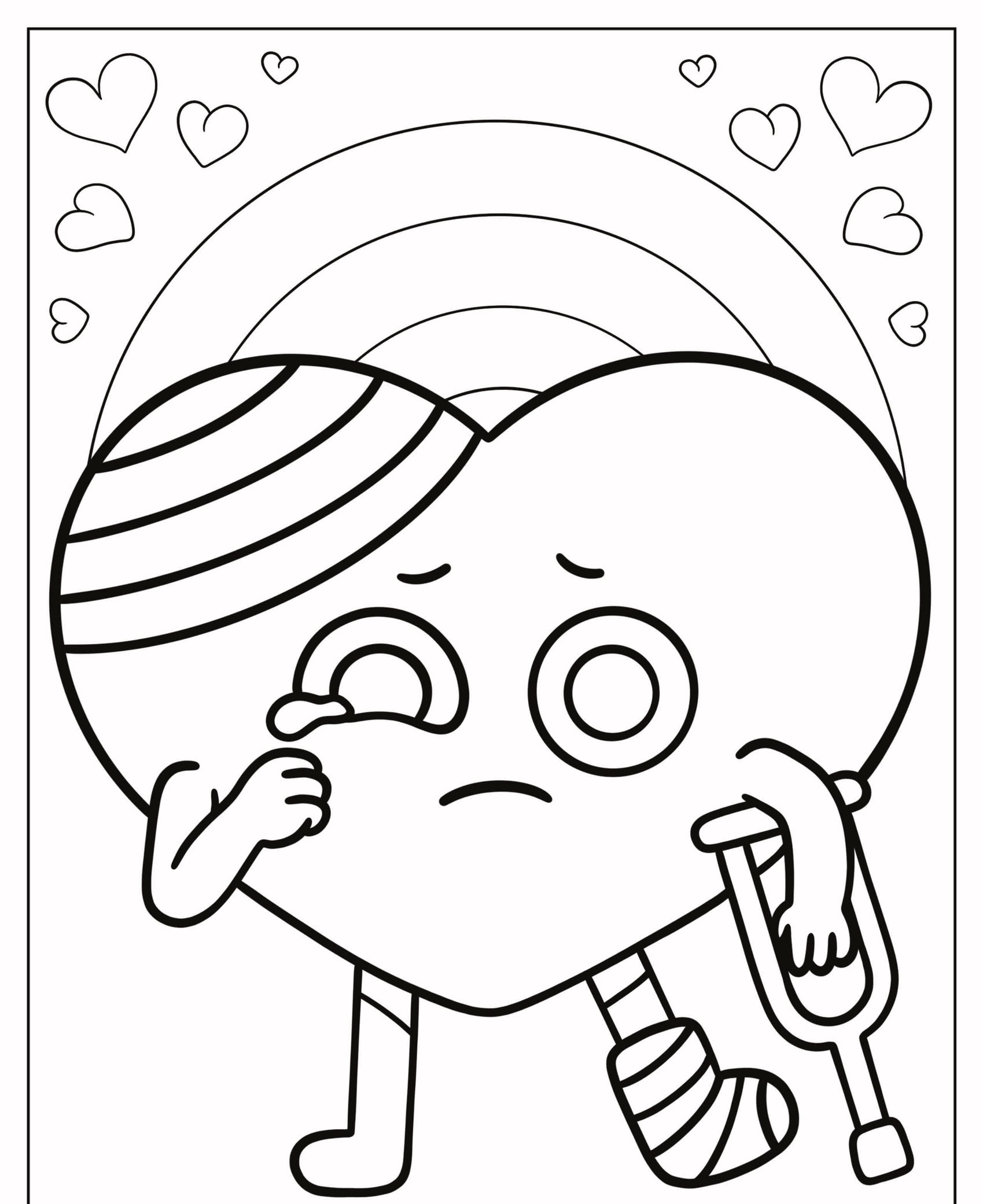 Um personagem de coração com uma cara triste, uma perna enfaixada, usando muletas, e cercado por corações e um arco-íris no fundo. Desenho perfeito para colorir para crianças! Para Colorir.