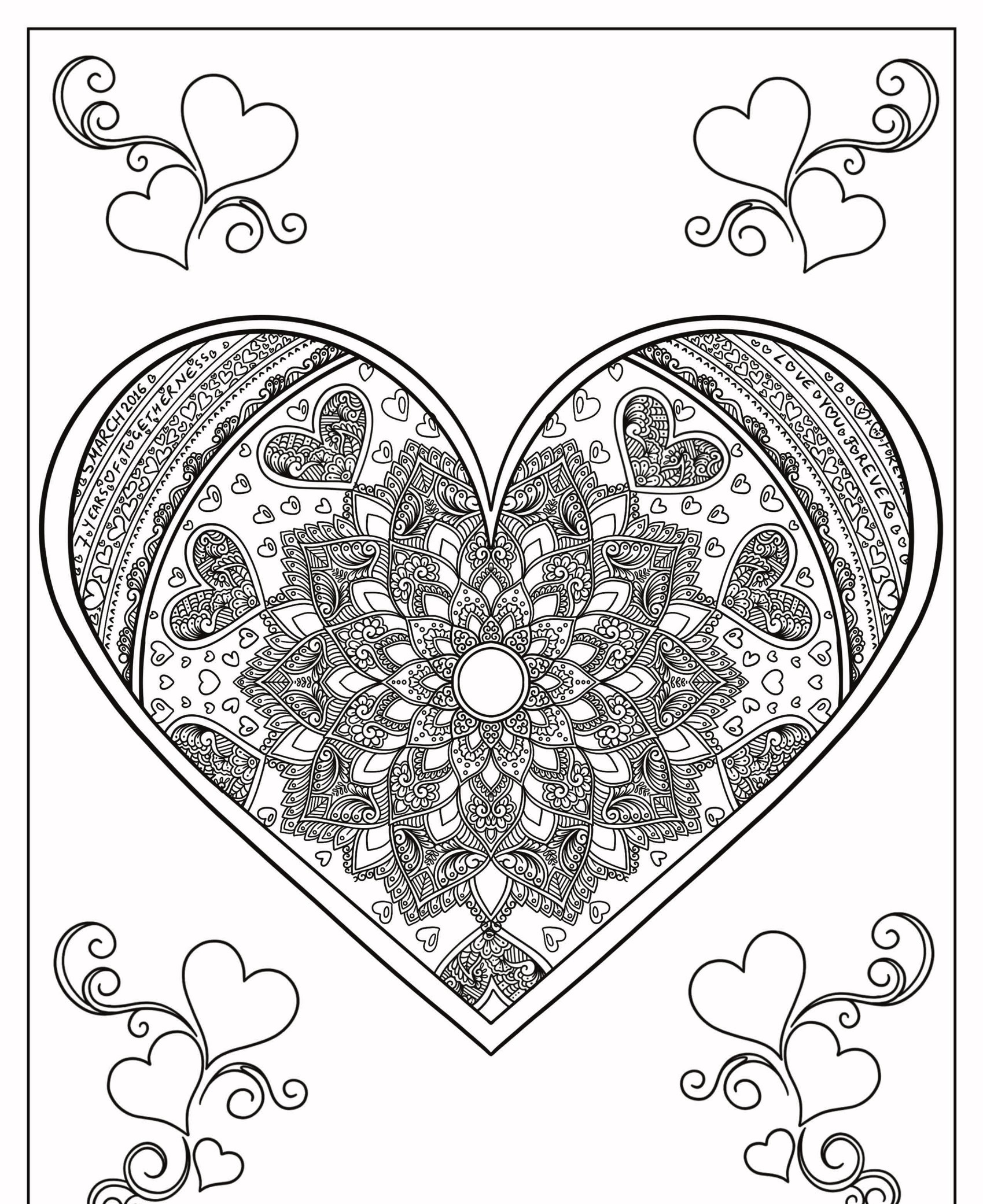 Um coração de mandala preto e branco detalhado com desenhos intrincados, cercado por corações e redemoinhos menores, perfeito para colorir. Para Colorir.