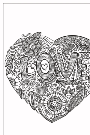 Um desenho em forma de coração com padrões intrincados e desenhos florais, com a palavra "LOVE" no centro. Perfeito para colorir e criar uma linda variedade de corações. Para Colorir.