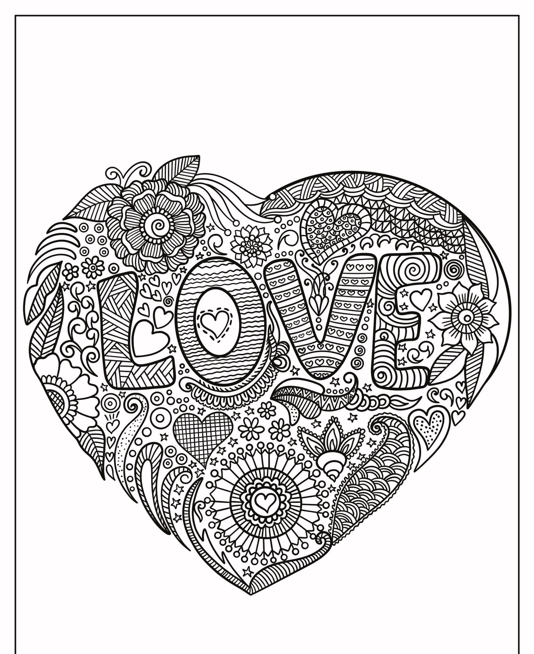 Um desenho em forma de coração com padrões intrincados e desenhos florais, com a palavra "LOVE" no centro. Perfeito para colorir e criar uma linda variedade de corações. Para Colorir.