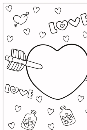 Coração com texto "Love", setas, pequenos corações e potes contendo corações dentro do contorno. Perfeito para desenho de corações ou desenho para colorir em um estilo de página de colorir encantador. Para Colorir.