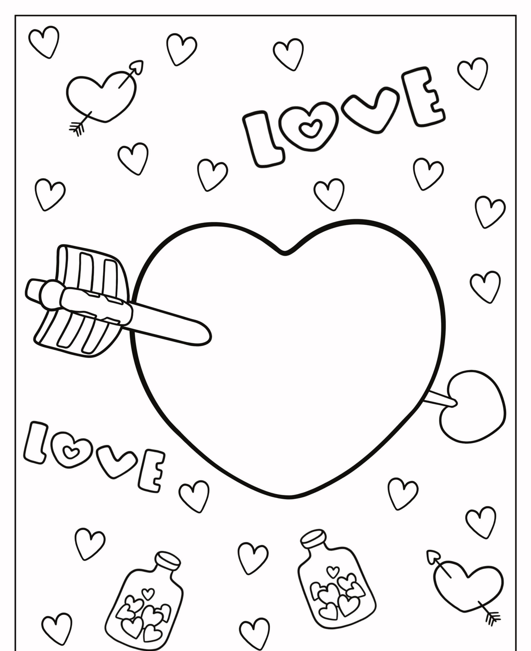 Coração com texto "Love", setas, pequenos corações e potes contendo corações dentro do contorno. Perfeito para desenho de corações ou desenho para colorir em um estilo de página de colorir encantador. Para Colorir.