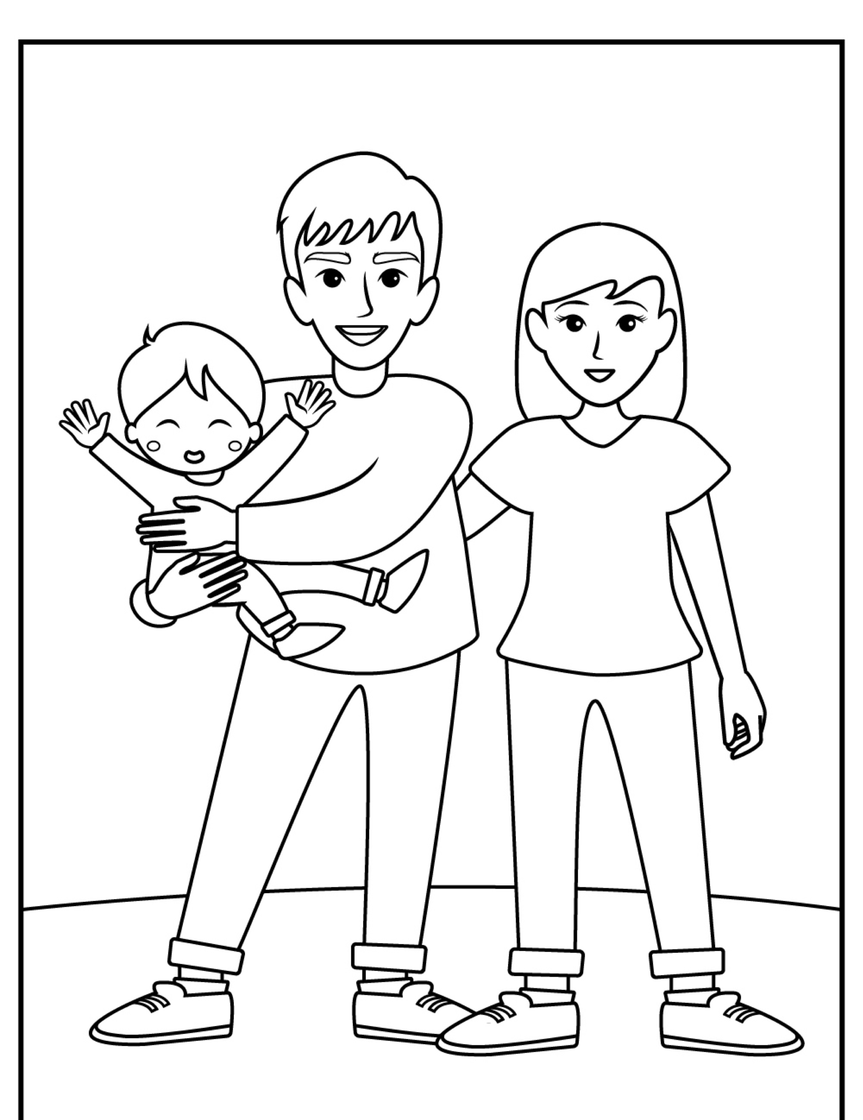 Um desenho animado de família apresentando dois adultos e uma criança, com o homem adulto segurando a criança feliz e sorridente na frente, para colorir.